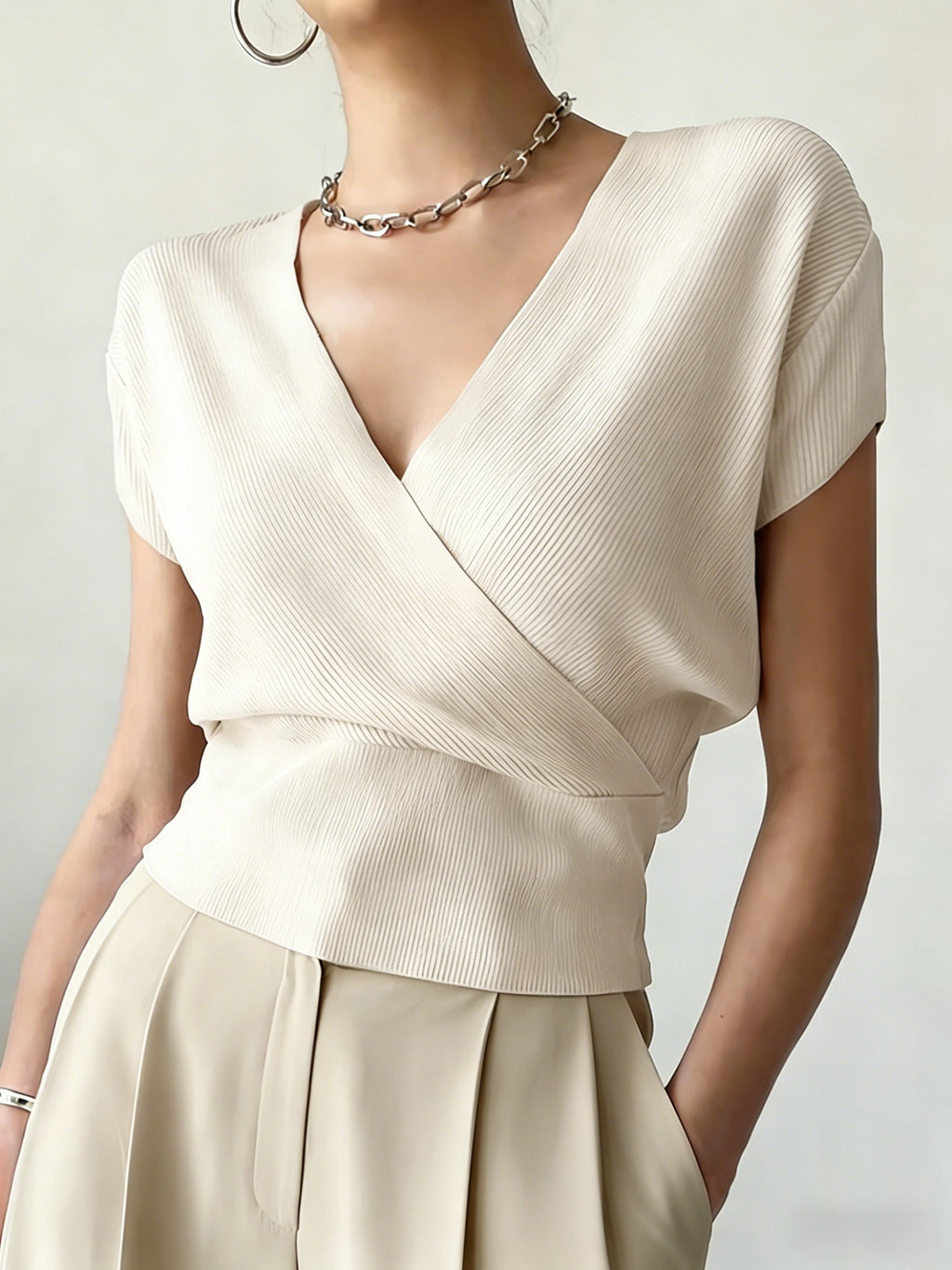 Women's Cross V-Neck Short Sleeve Blouse – Loose Fit Summer Wrap Top