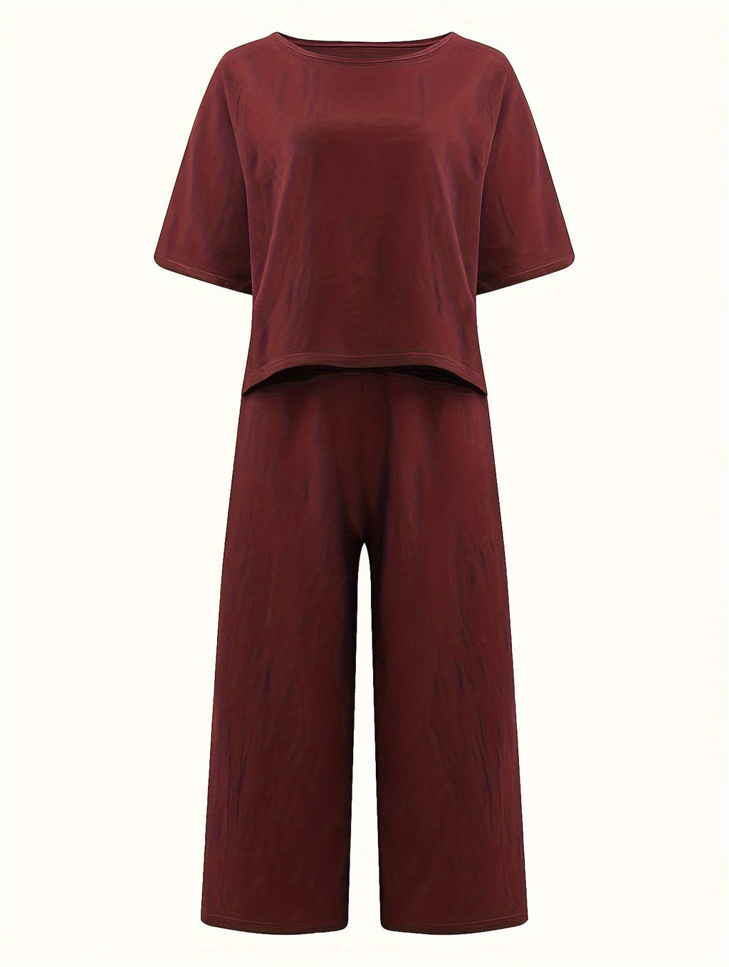 Women's Casual Two-Piece Outfit – Crew Neck Short Sleeve Top & Wide Leg Pants Set