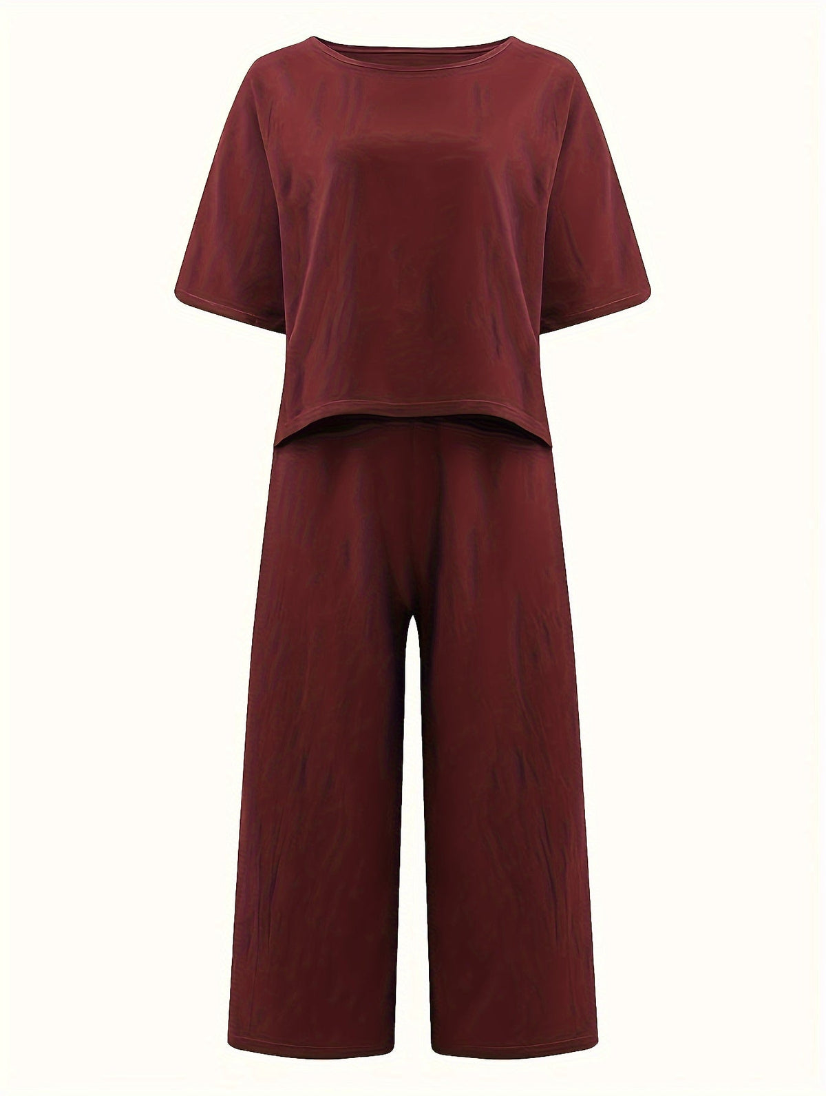 Women's Casual Two-Piece Outfit – Crew Neck Short Sleeve Top & Wide Leg Pants Set