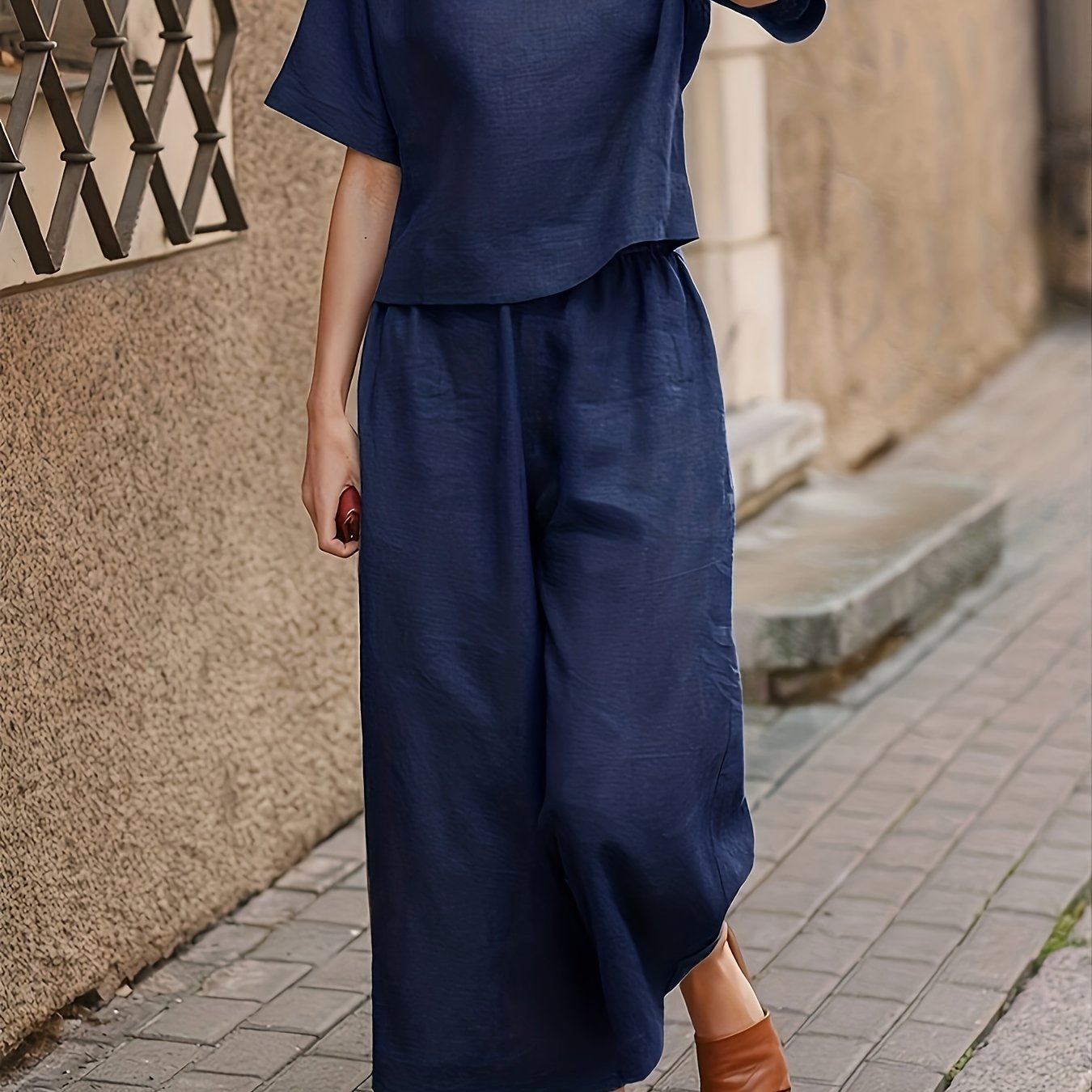 Women's Casual Two-Piece Outfit – Crew Neck Short Sleeve Top & Wide Leg Pants Set