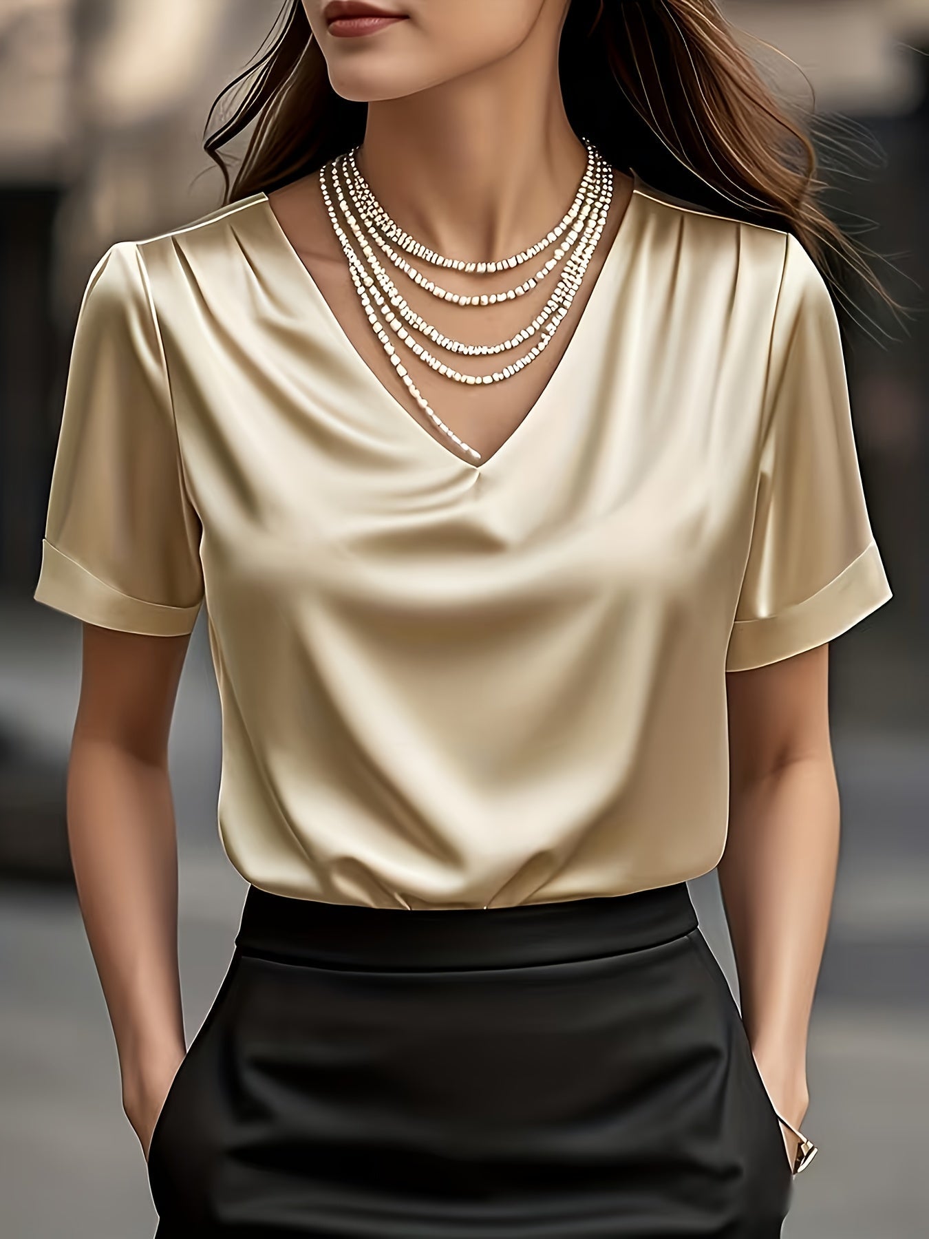 Women's Satin V-Neck Short Sleeve Blouse – Elegant Solid Color Casual Top