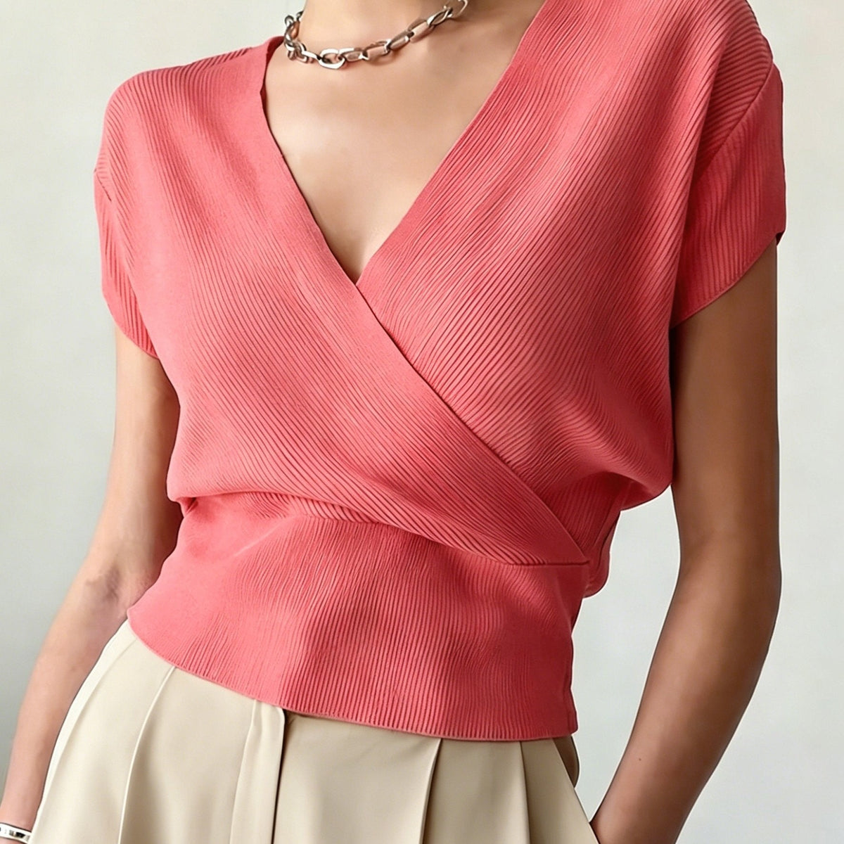 Women's Cross V-Neck Short Sleeve Blouse – Loose Fit Summer Wrap Top