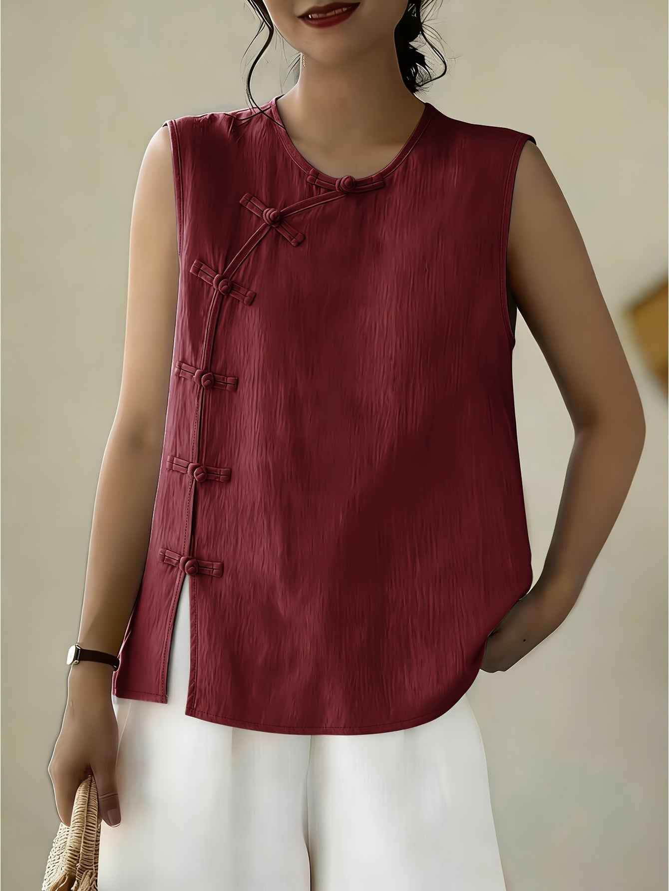 Women's Sleeveless Button Front Blouse – Crew Neck Casual Summer Tank Top