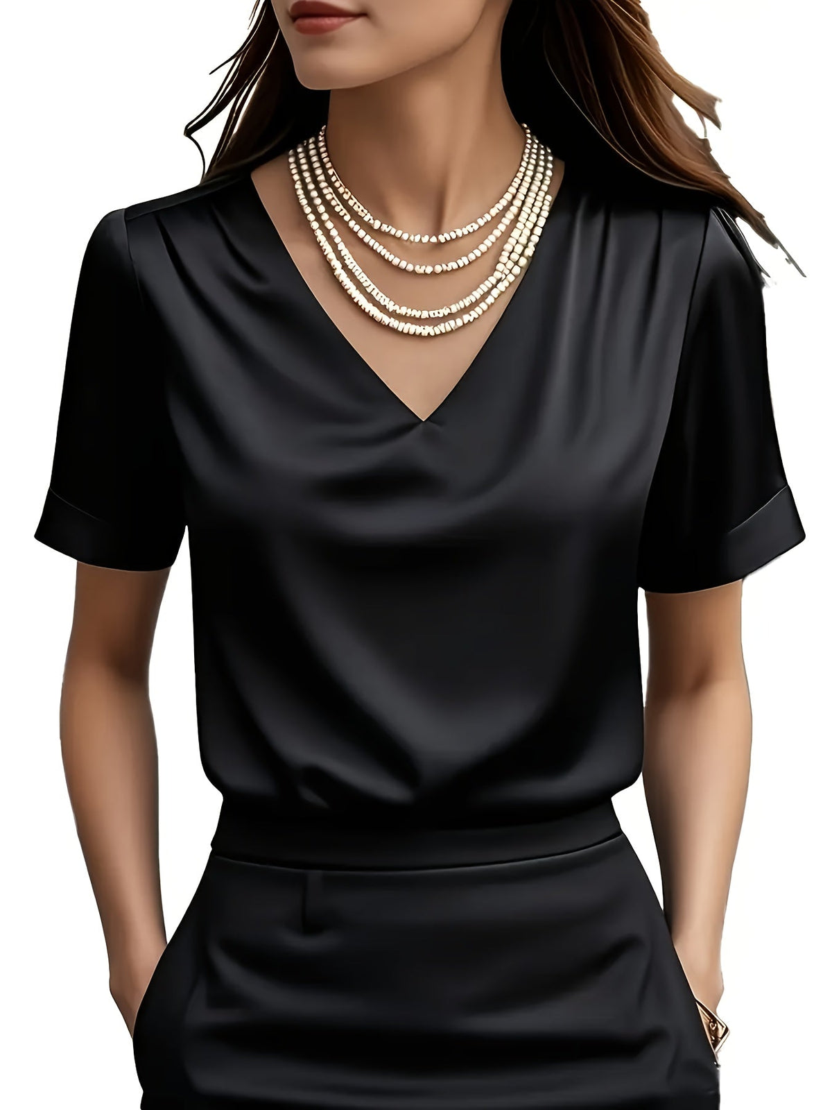 Women's Satin V-Neck Short Sleeve Blouse – Elegant Solid Color Casual Top