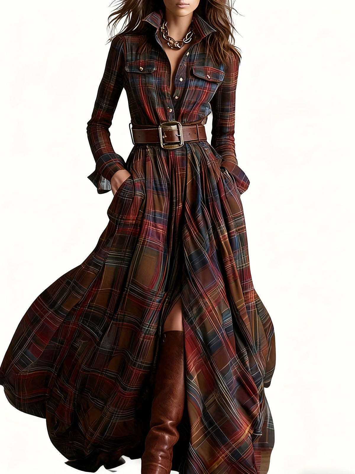 Women's Vintage Plaid Long Sleeve Maxi Shirt Dress with Button Front