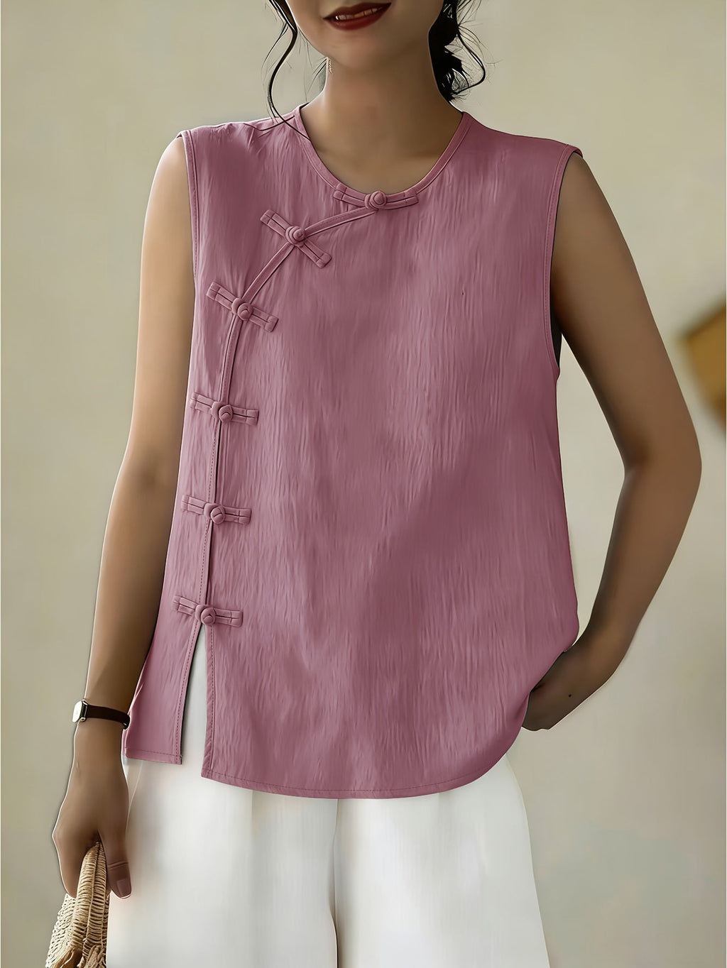 Women's Sleeveless Button Front Blouse – Crew Neck Casual Summer Tank Top