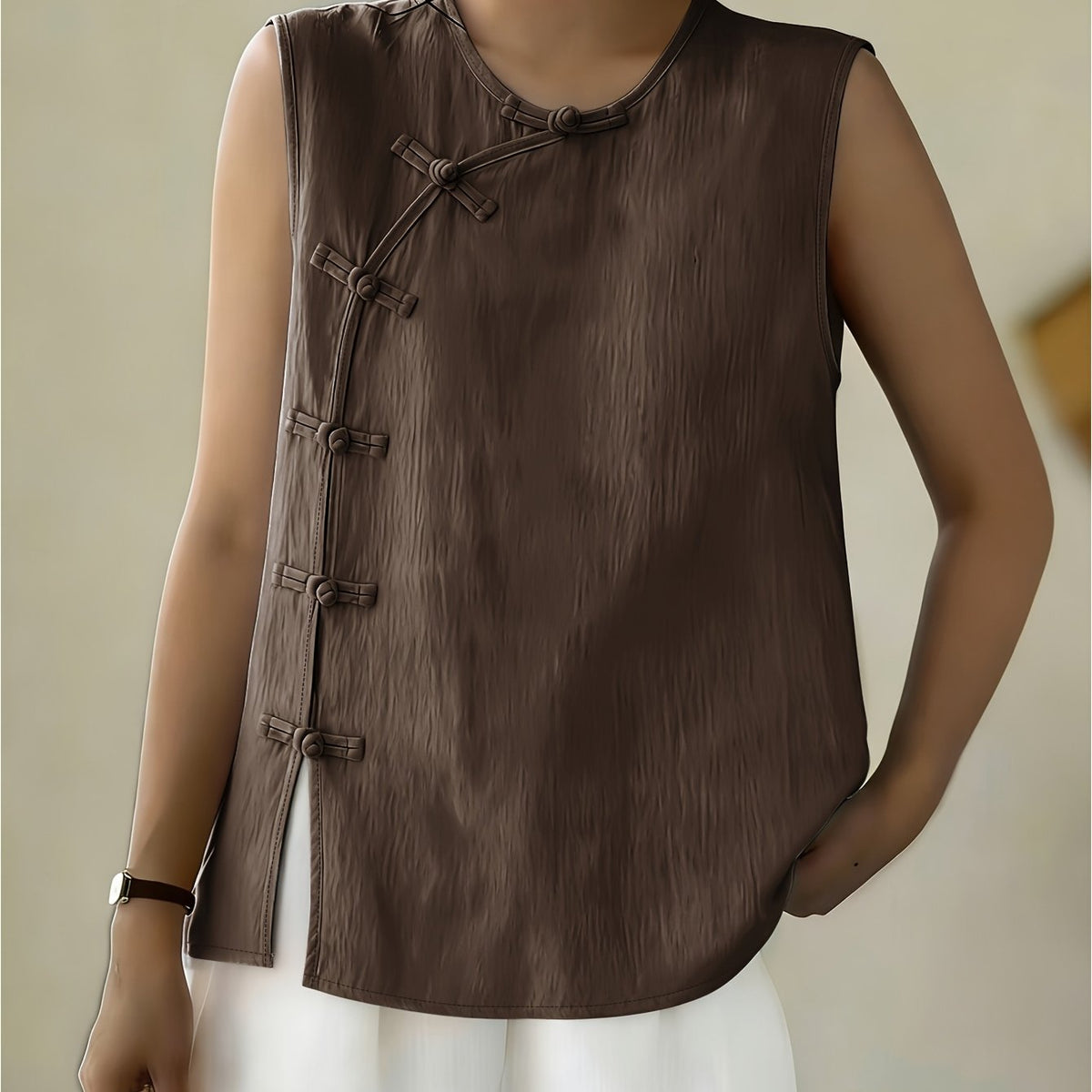 Women's Sleeveless Button Front Blouse – Crew Neck Casual Summer Tank Top