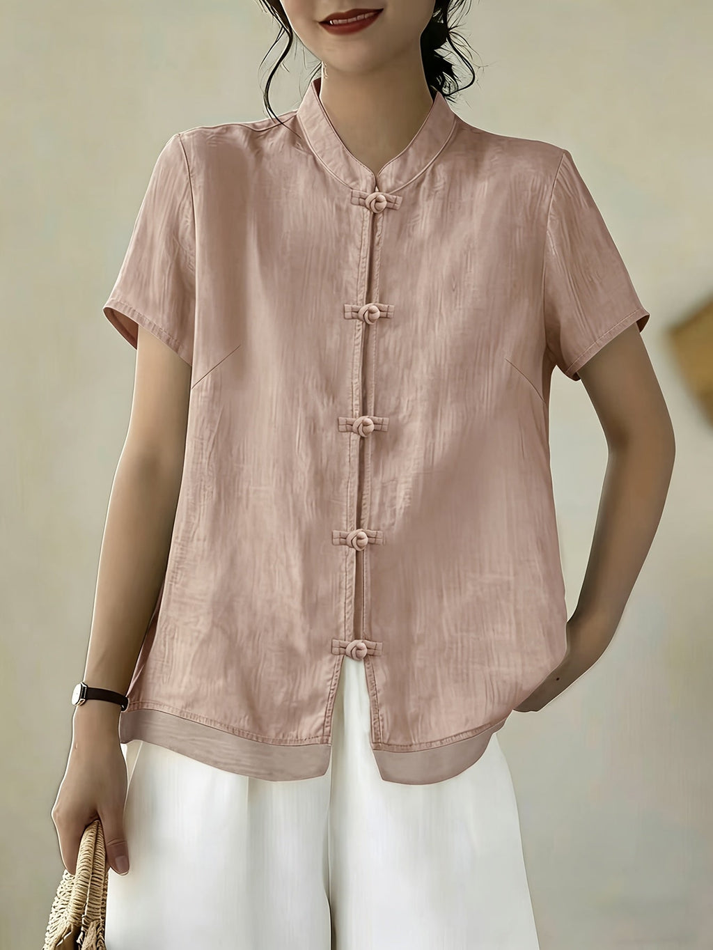 Women's Mandarin Collar Button Front Blouse – Short Sleeve Casual Viscose Shirt