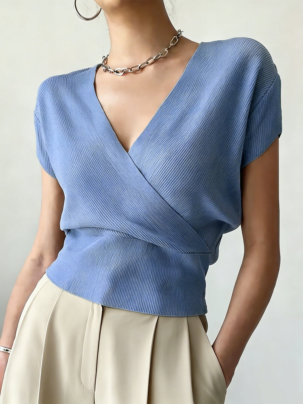 Women's Cross V-Neck Short Sleeve Blouse – Loose Fit Summer Wrap Top