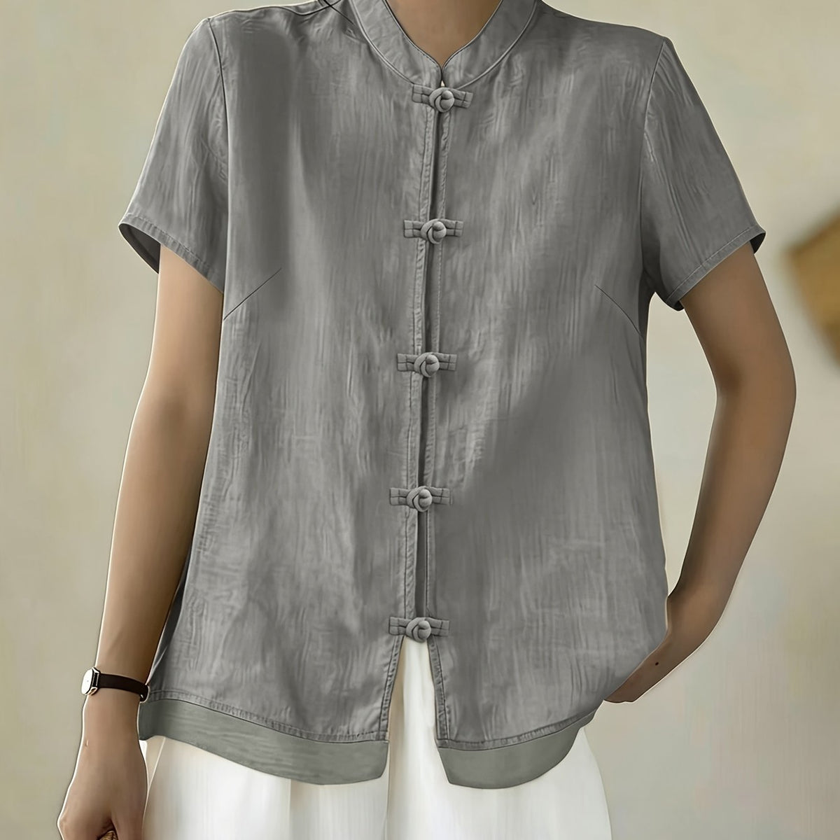 Women's Mandarin Collar Button Front Blouse – Short Sleeve Casual Viscose Shirt