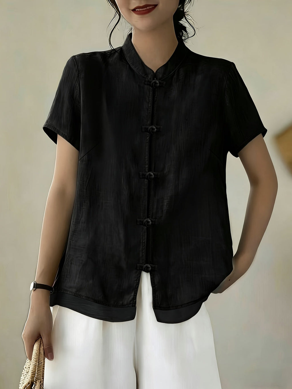 Women's Mandarin Collar Button Front Blouse – Short Sleeve Casual Viscose Shirt