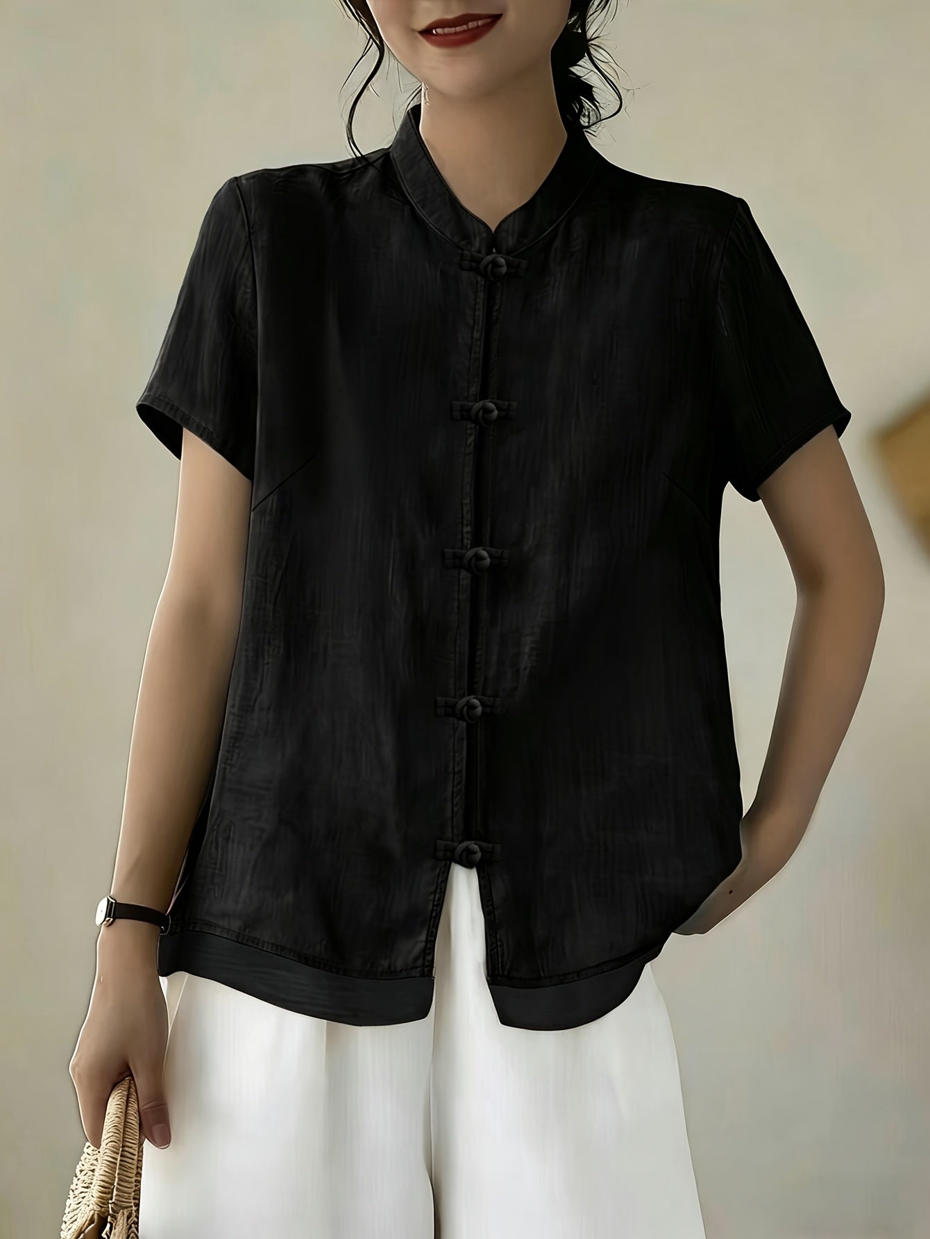 Women's Mandarin Collar Button Front Blouse – Short Sleeve Casual Viscose Shirt