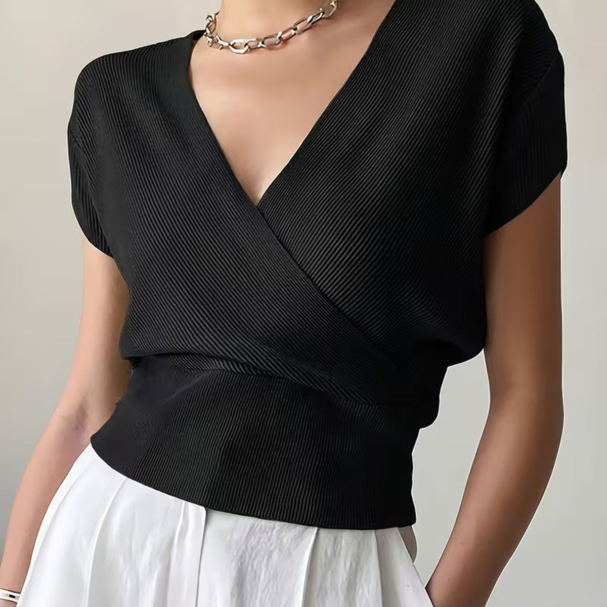 Women's Cross V-Neck Short Sleeve Blouse – Loose Fit Summer Wrap Top