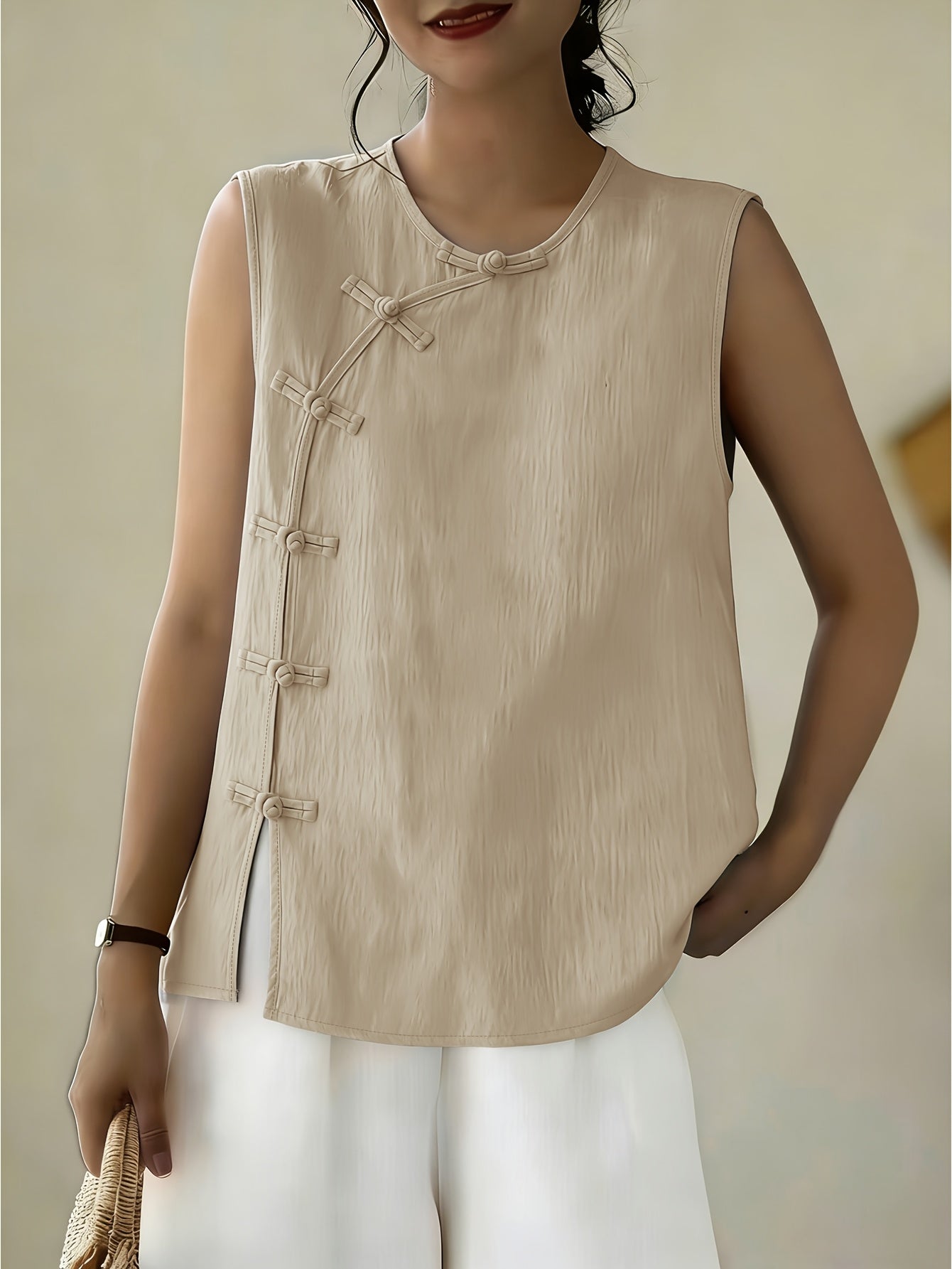 Women's Sleeveless Button Front Blouse – Crew Neck Casual Summer Tank Top