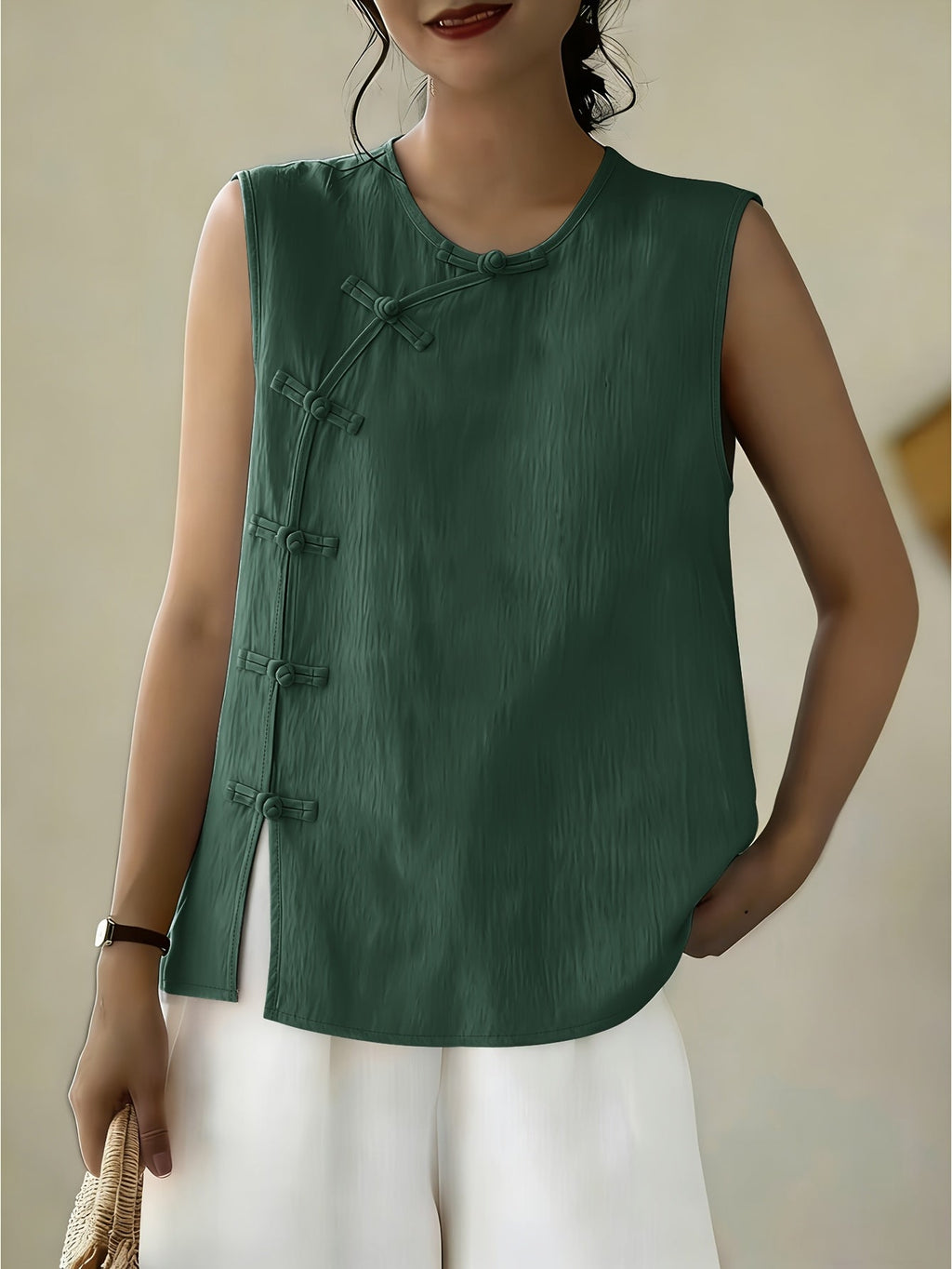Women's Sleeveless Button Front Blouse – Crew Neck Casual Summer Tank Top