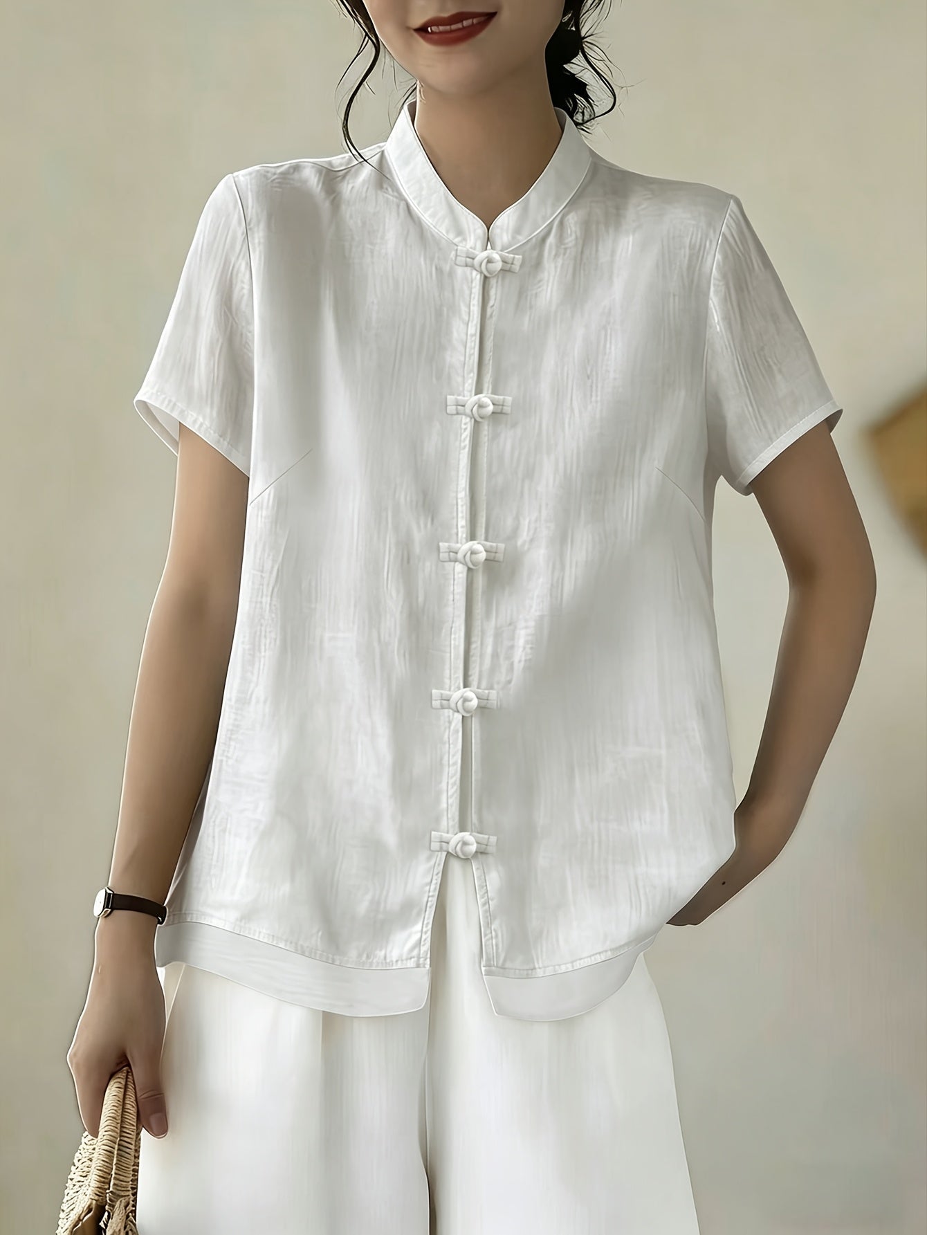 Women's Mandarin Collar Button Front Blouse – Short Sleeve Casual Viscose Shirt