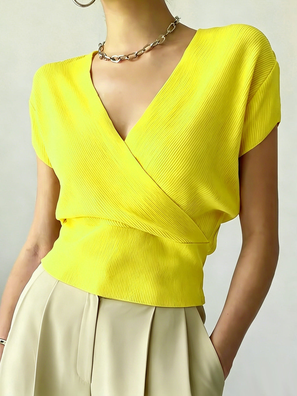 Women's Cross V-Neck Short Sleeve Blouse – Loose Fit Summer Wrap Top