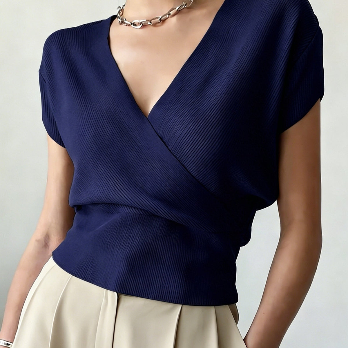 Women's Cross V-Neck Short Sleeve Blouse – Loose Fit Summer Wrap Top
