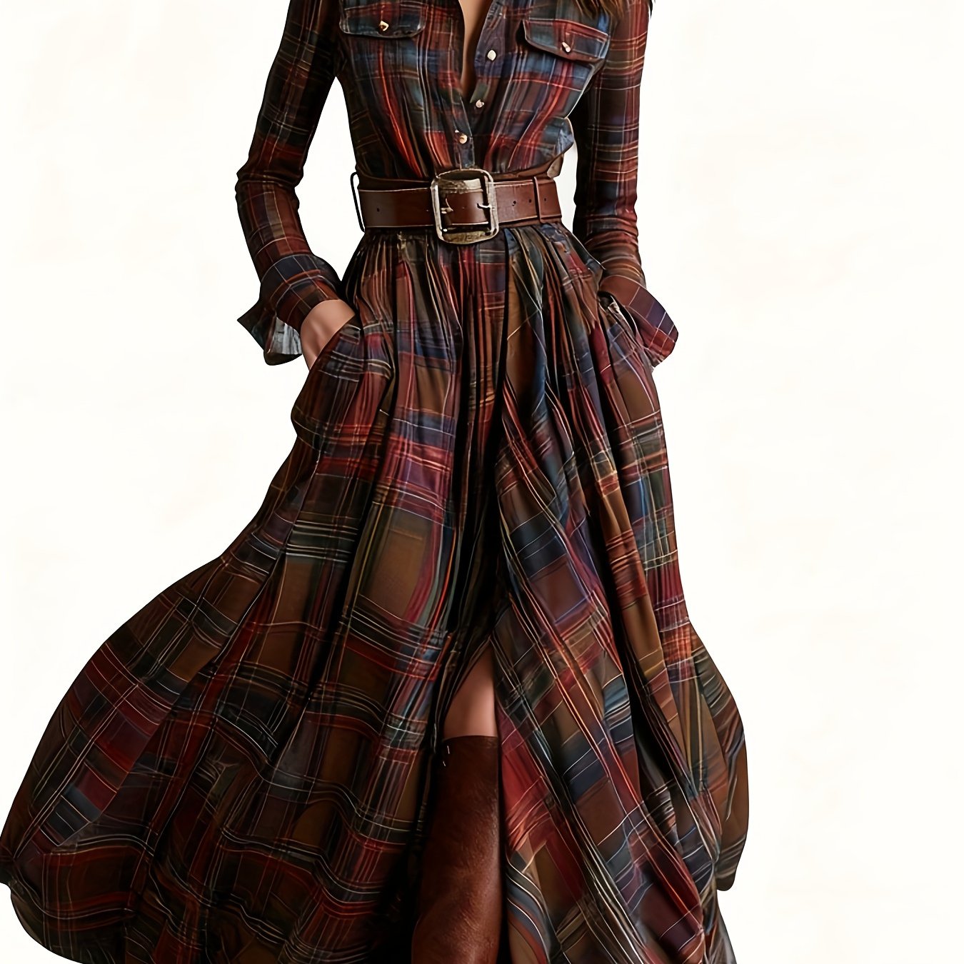 Women's Vintage Plaid Long Sleeve Maxi Shirt Dress with Button Front