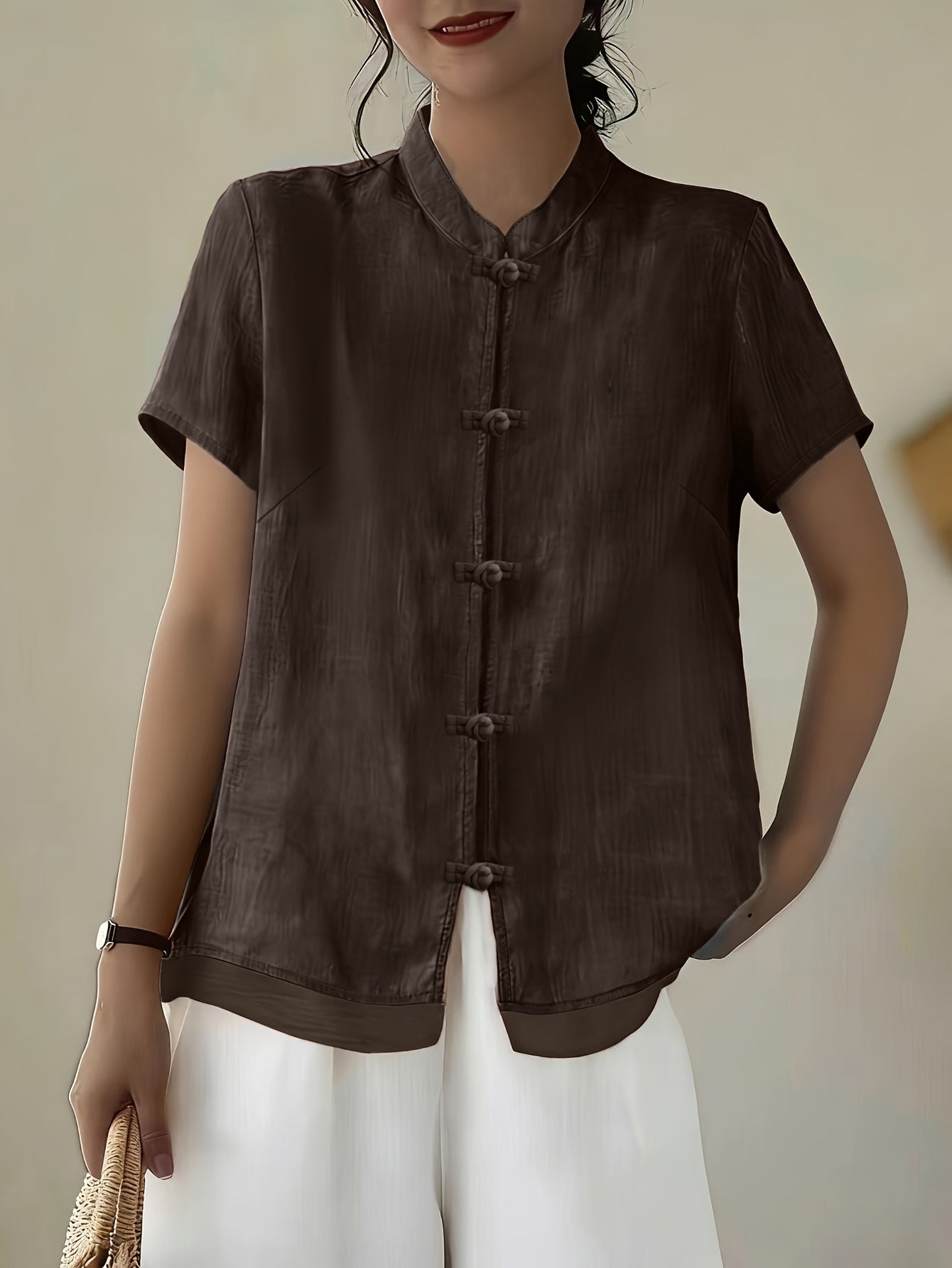 Women's Mandarin Collar Button Front Blouse – Short Sleeve Casual Viscose Shirt