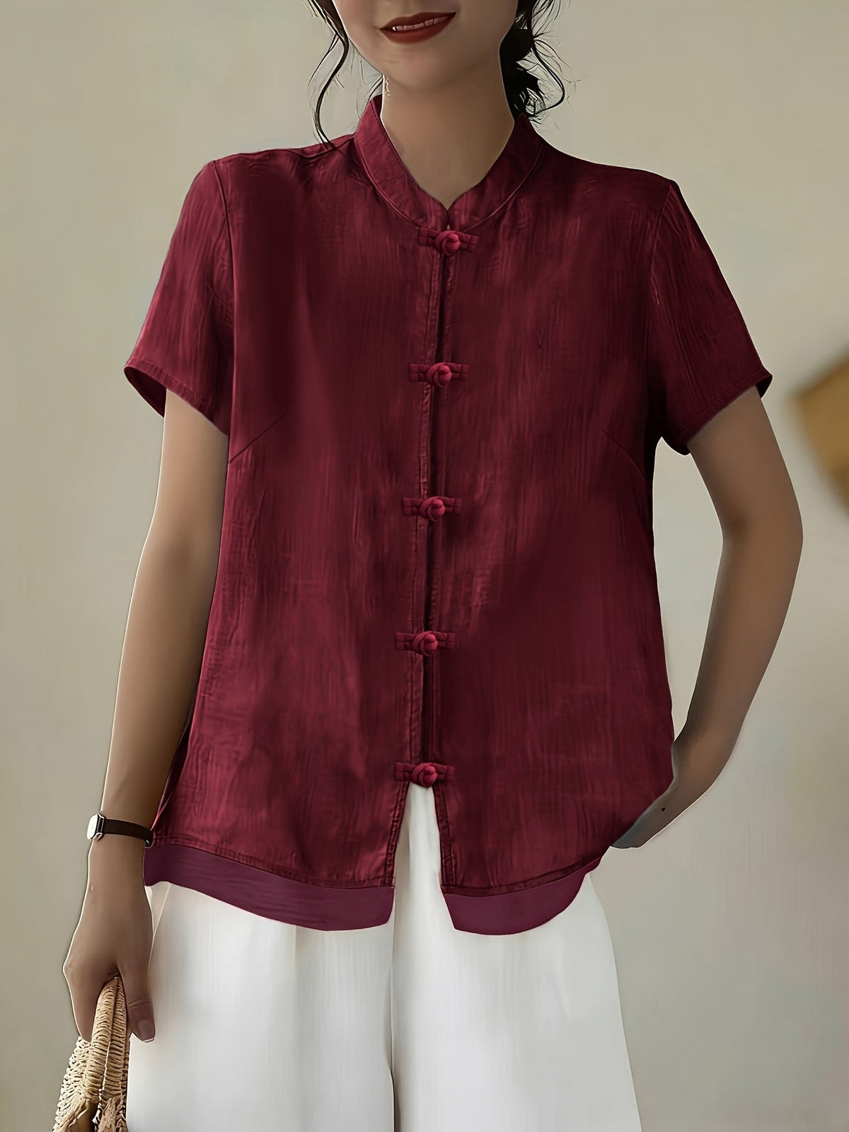 Women's Mandarin Collar Button Front Blouse – Short Sleeve Casual Viscose Shirt