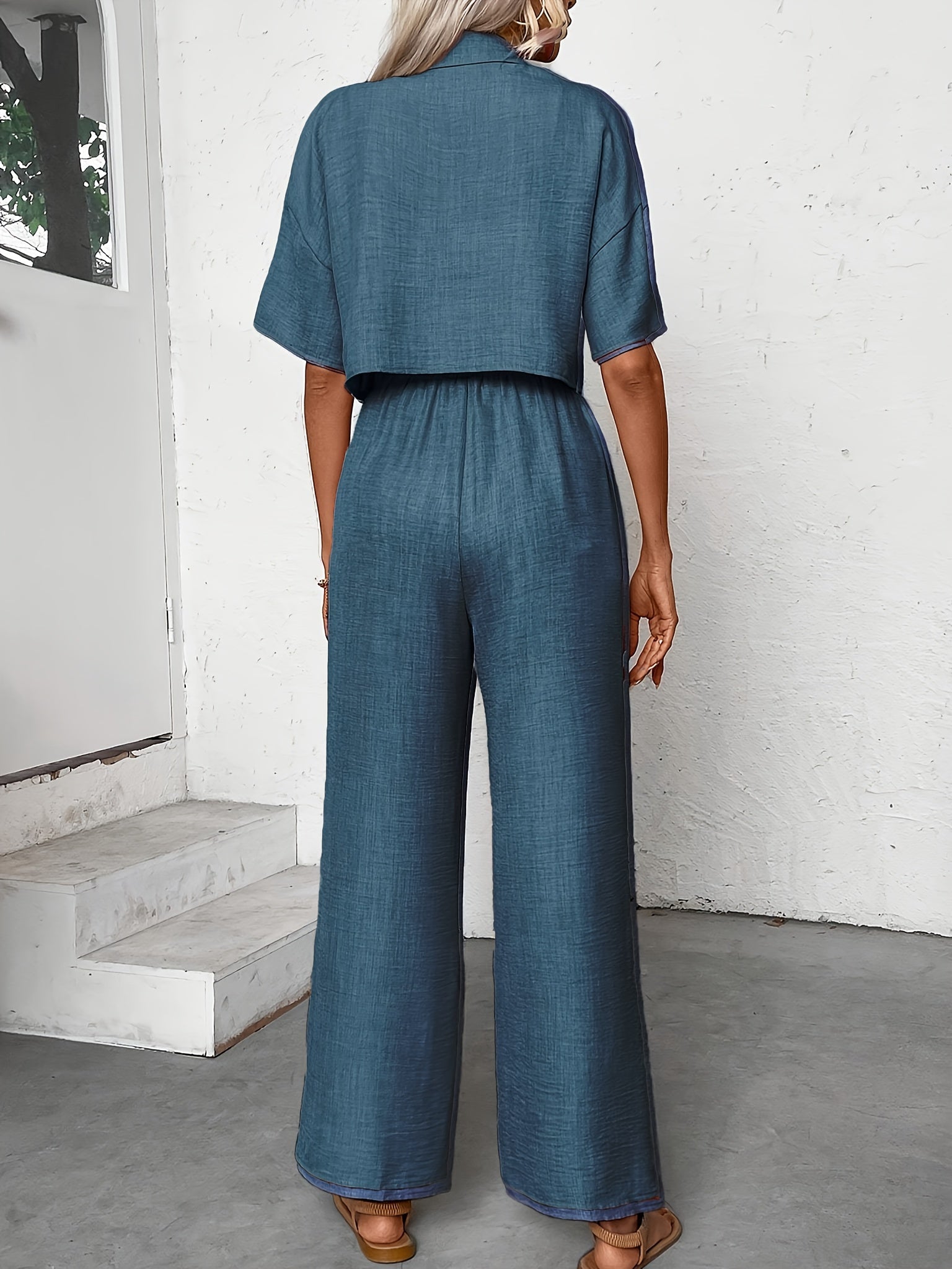 Women's Button Front Two-Piece Outfit – Short Sleeve Shirt & Wide Leg Pants Set