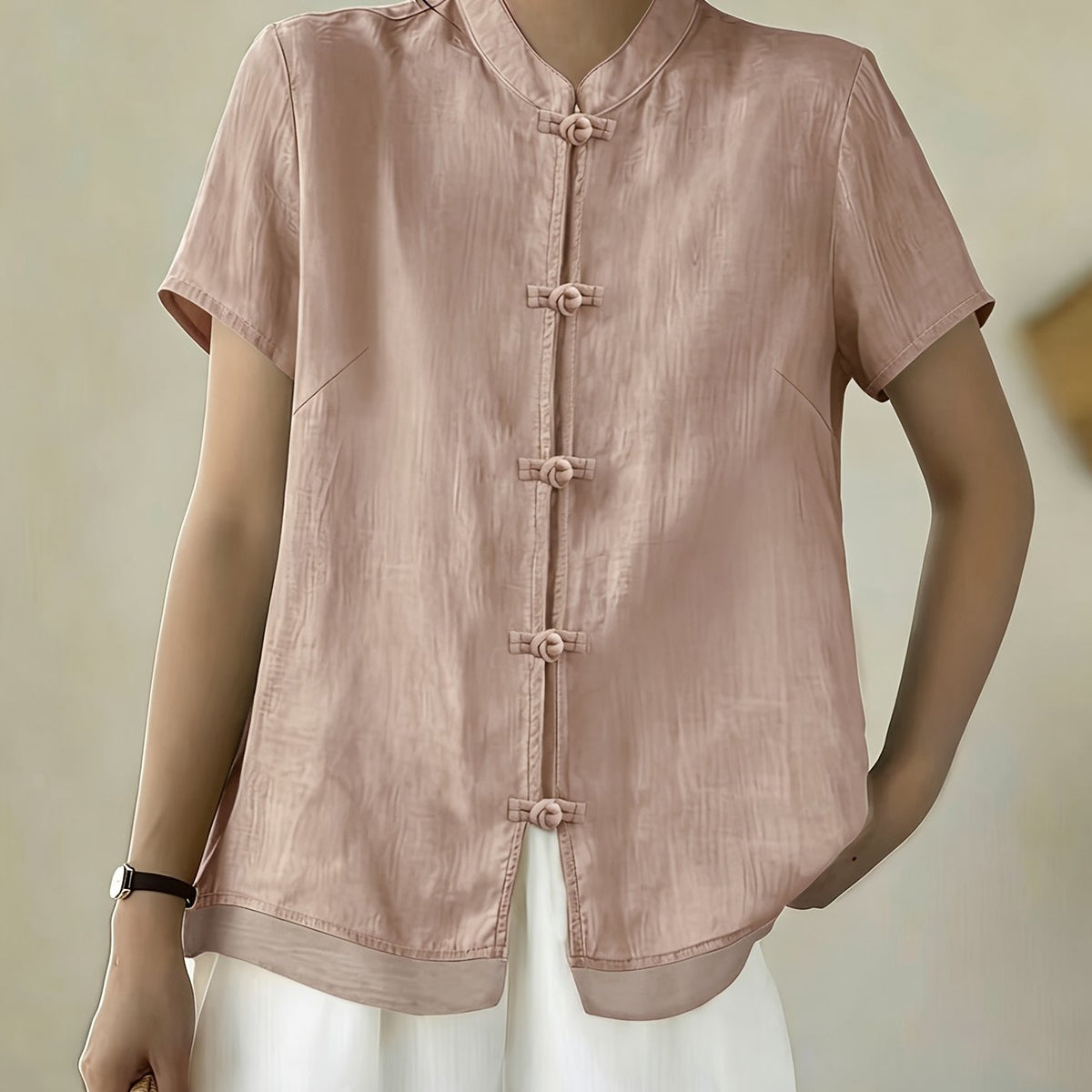 Women's Mandarin Collar Button Front Blouse – Short Sleeve Casual Viscose Shirt