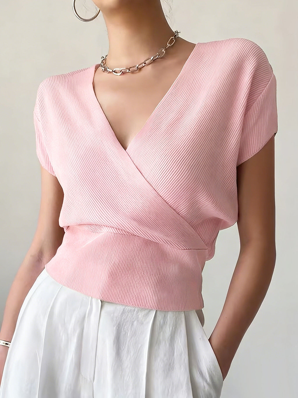 Women's Cross V-Neck Short Sleeve Blouse – Loose Fit Summer Wrap Top
