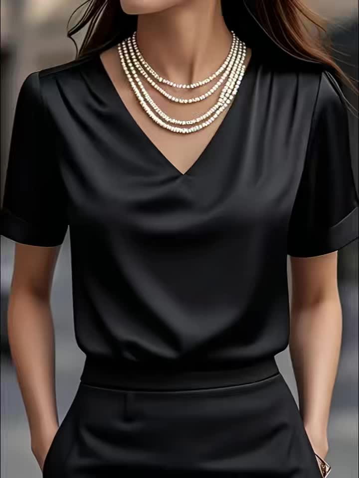 Women's Satin V-Neck Short Sleeve Blouse – Elegant Solid Color Casual Top
