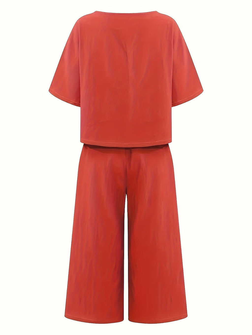 Women's Casual Two-Piece Outfit – Crew Neck Short Sleeve Top & Wide Leg Pants Set
