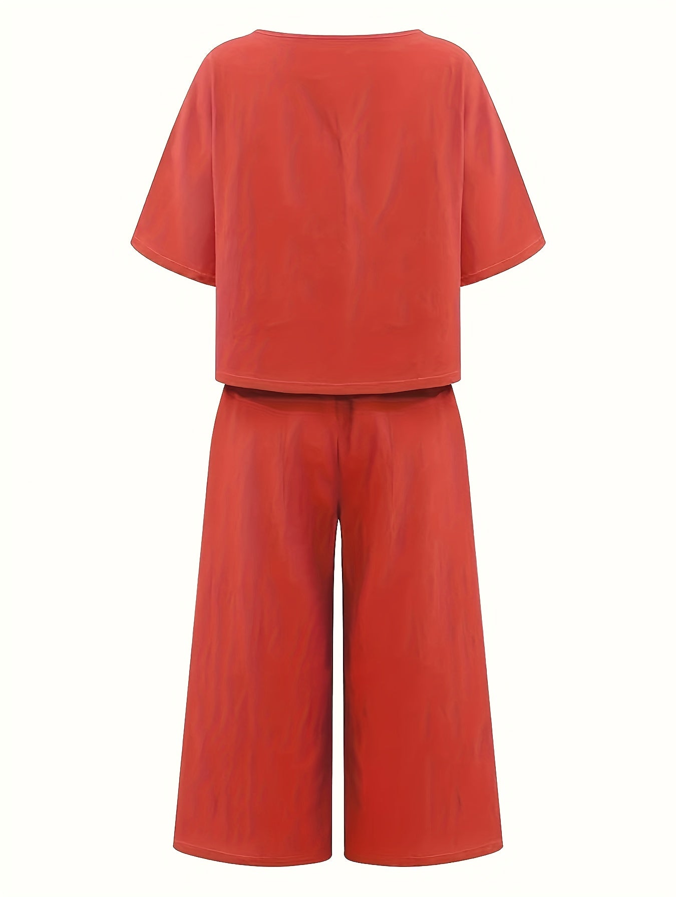 Women's Casual Two-Piece Outfit – Crew Neck Short Sleeve Top & Wide Leg Pants Set