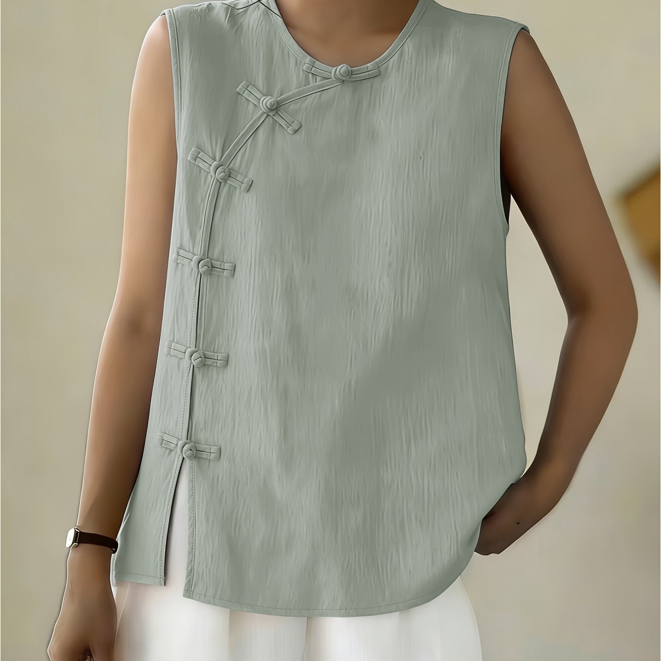 Women's Sleeveless Button Front Blouse – Crew Neck Casual Summer Tank Top