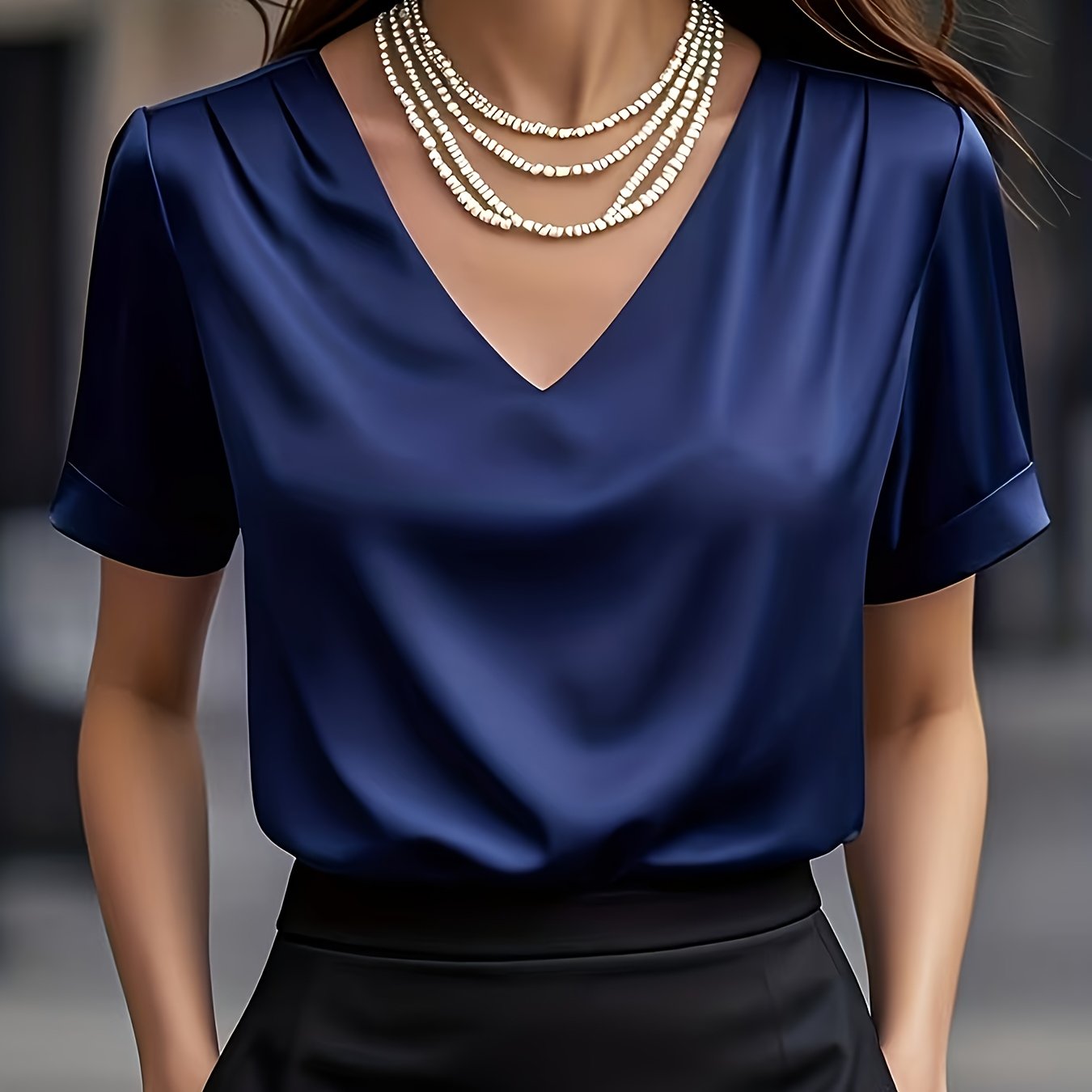 Women's Satin V-Neck Short Sleeve Blouse – Elegant Solid Color Casual Top
