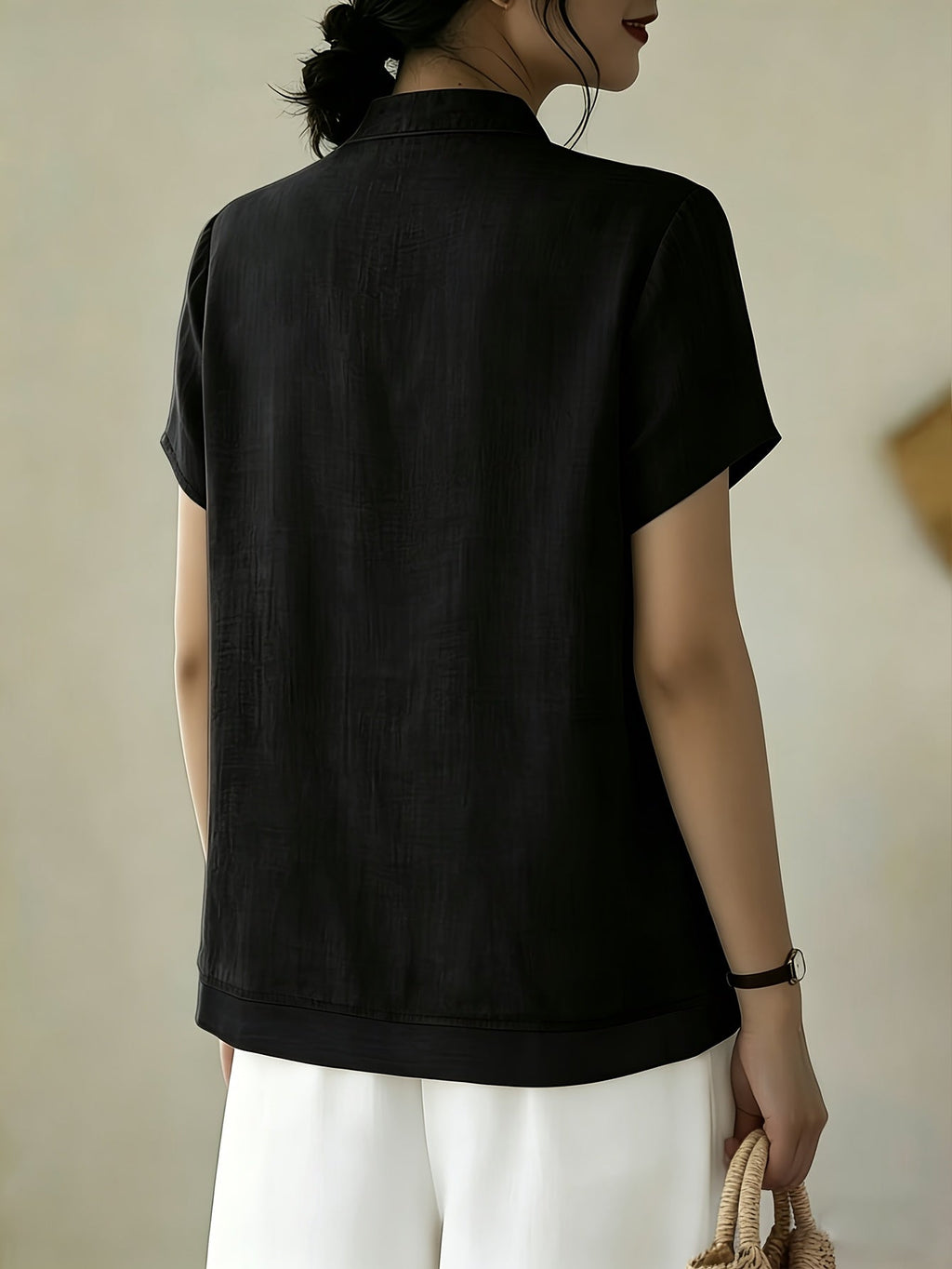 Women's Mandarin Collar Button Front Blouse – Short Sleeve Casual Viscose Shirt