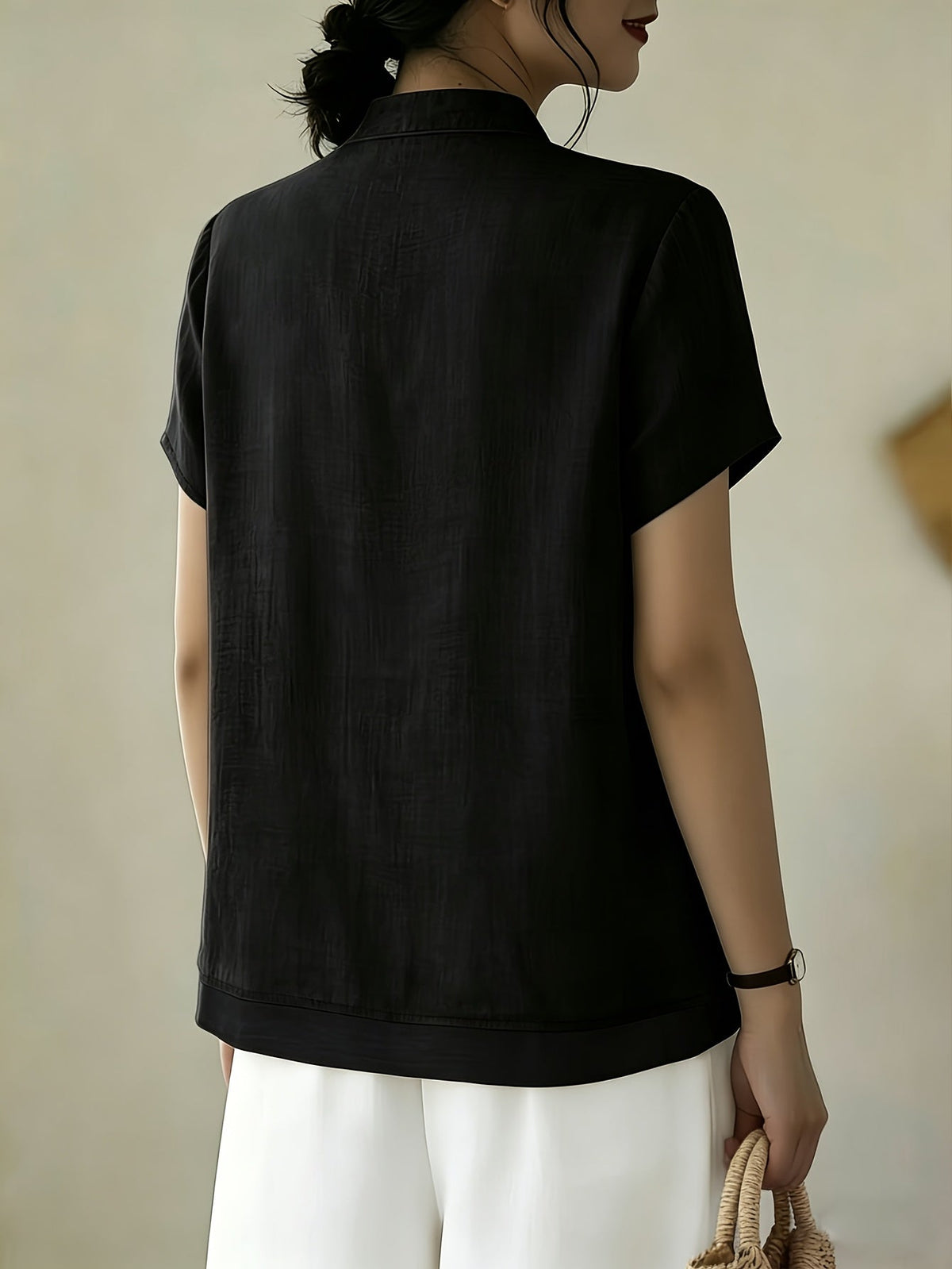 Women's Mandarin Collar Button Front Blouse – Short Sleeve Casual Viscose Shirt