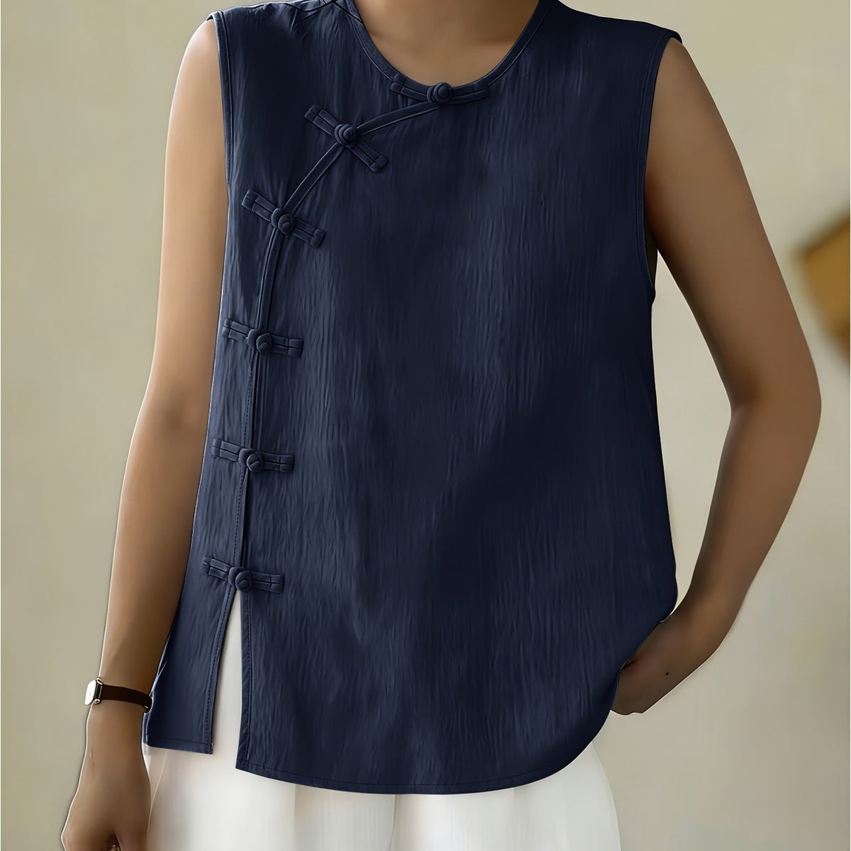Women's Sleeveless Button Front Blouse – Crew Neck Casual Summer Tank Top