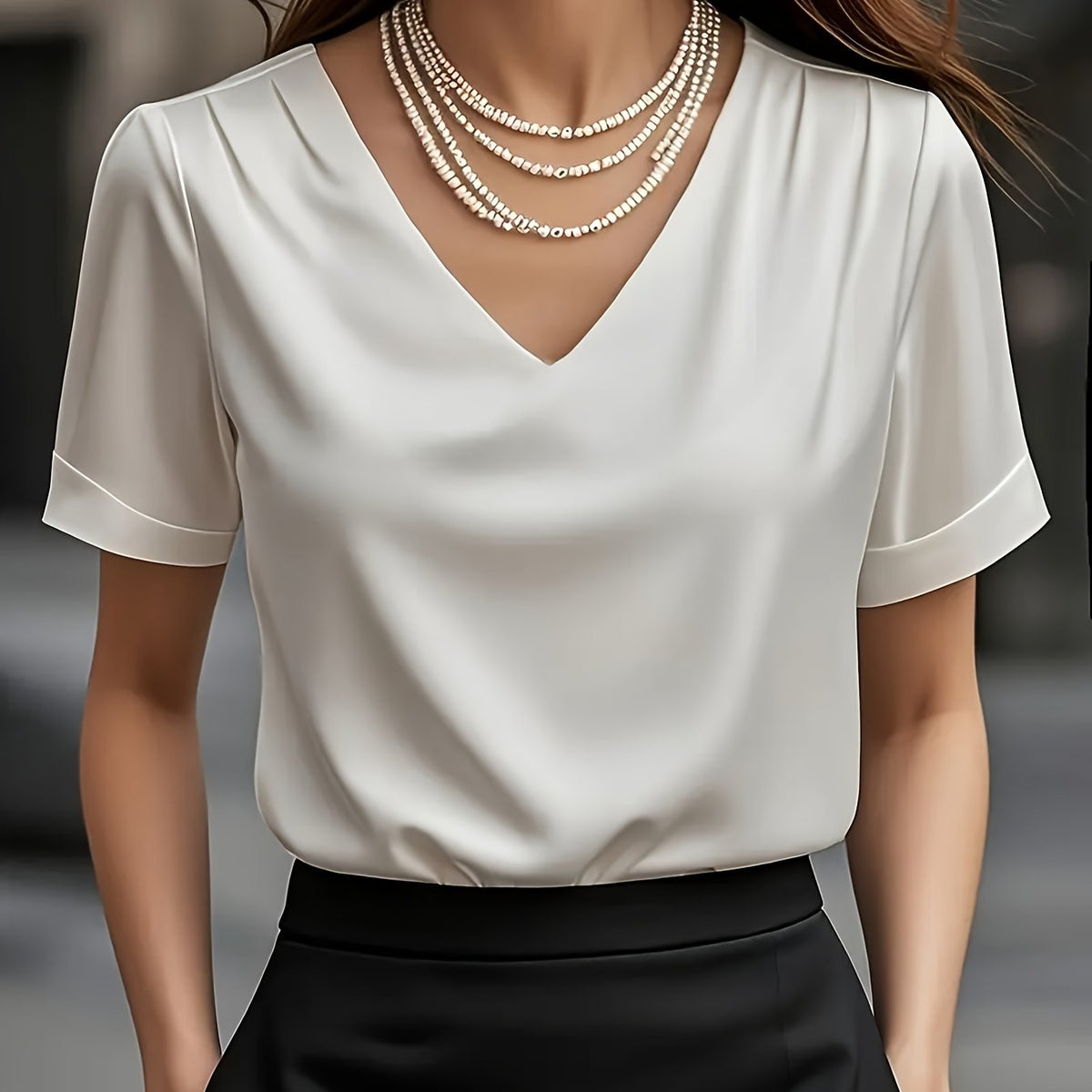 Women's Satin V-Neck Short Sleeve Blouse – Elegant Solid Color Casual Top
