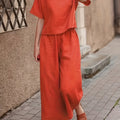Women's Casual Two-Piece Outfit – Crew Neck Short Sleeve Top & Wide Leg Pants Set