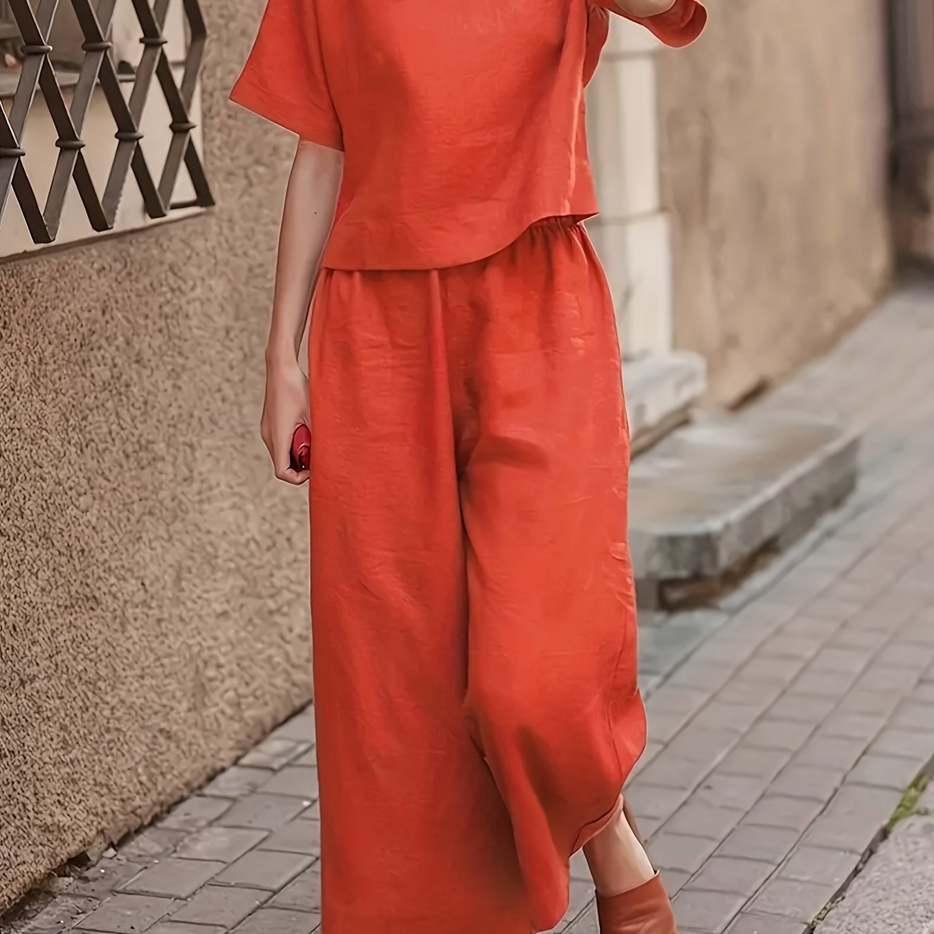 Women's Casual Two-Piece Outfit – Crew Neck Short Sleeve Top & Wide Leg Pants Set