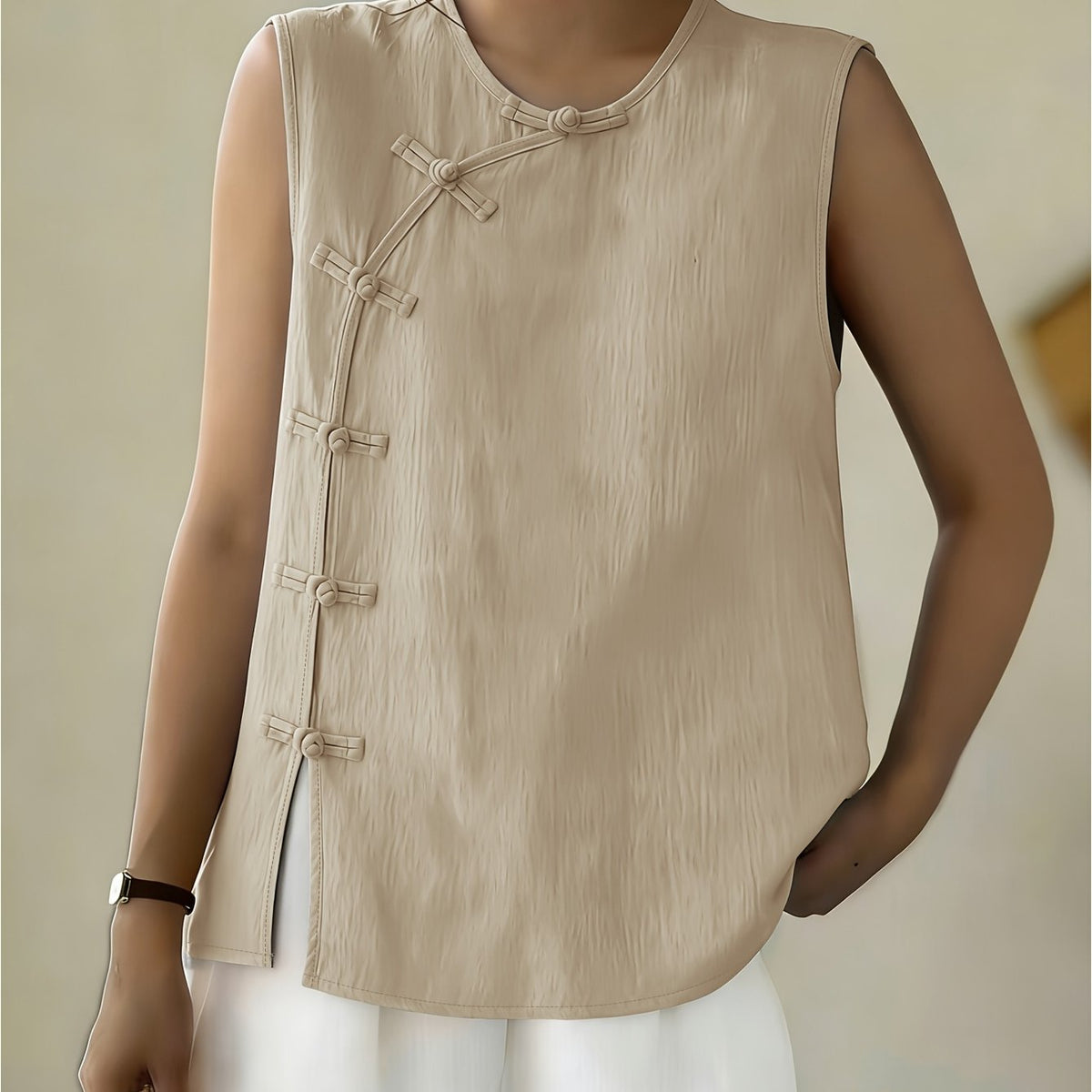 Women's Sleeveless Button Front Blouse – Crew Neck Casual Summer Tank Top