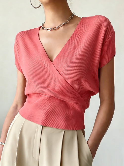 Women's Cross V-Neck Short Sleeve Blouse – Loose Fit Summer Wrap Top