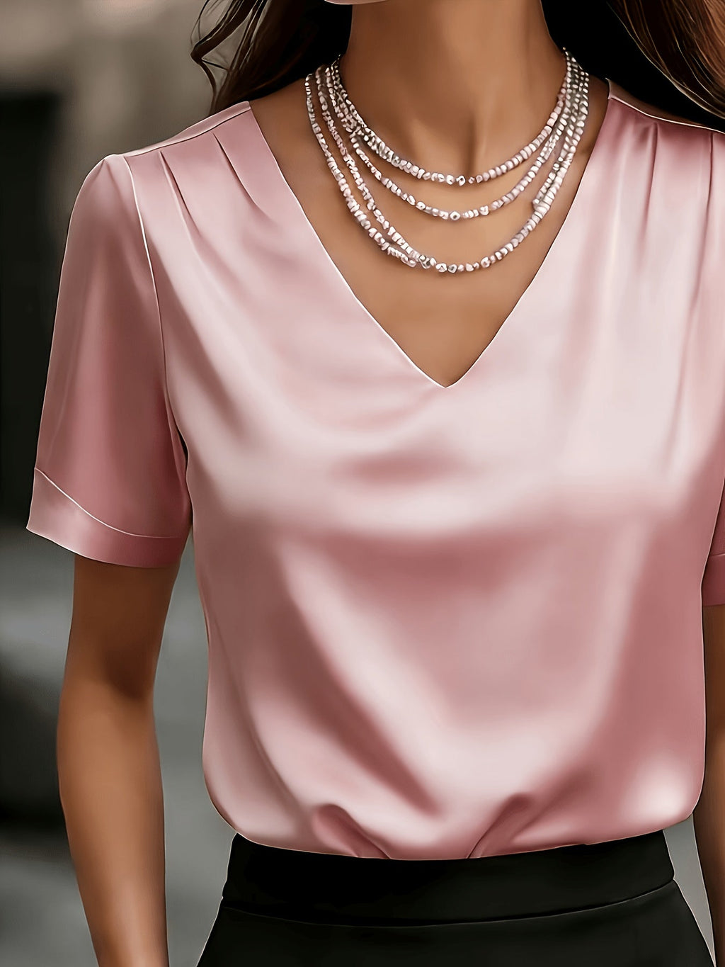 Women's Satin V-Neck Short Sleeve Blouse – Elegant Solid Color Casual Top