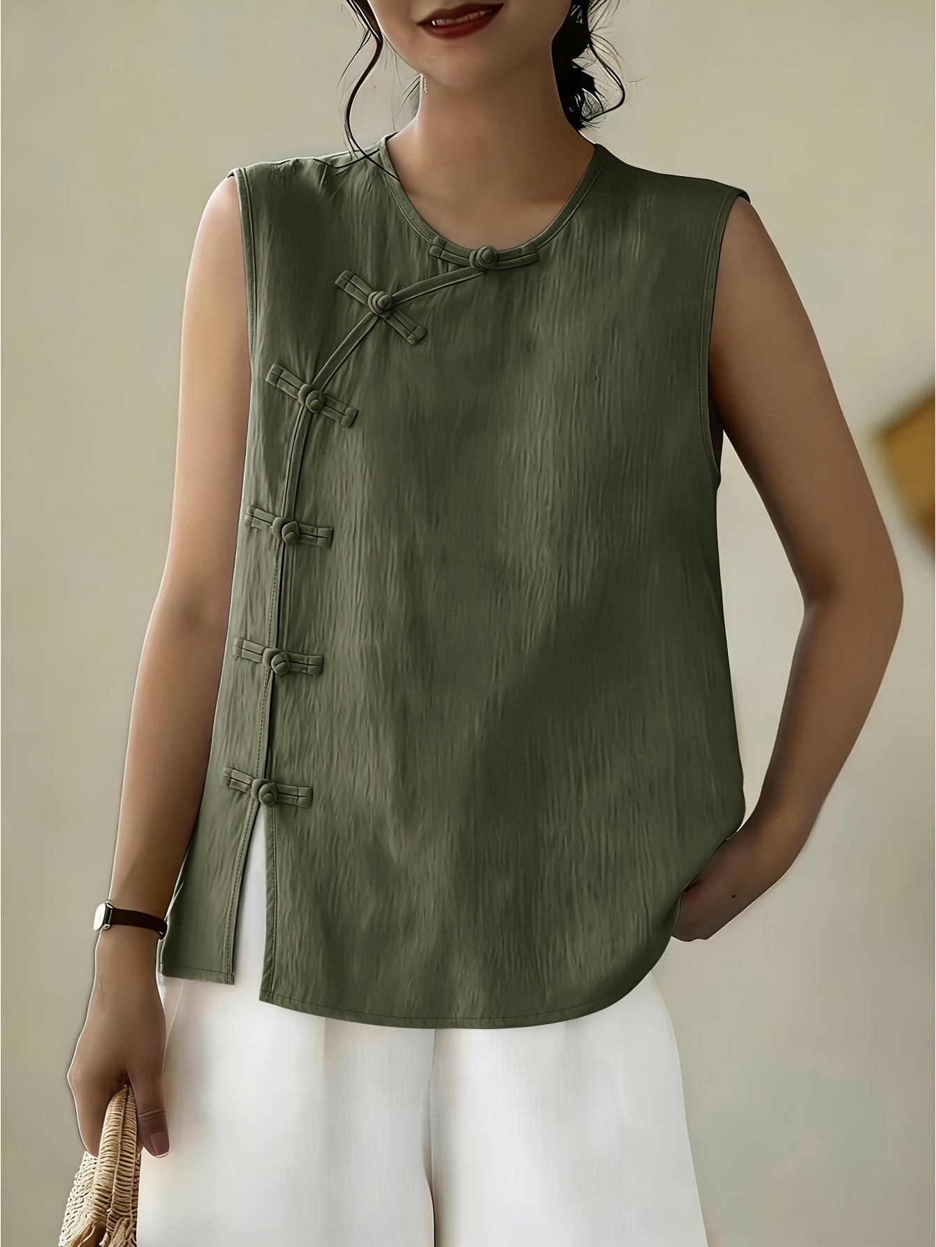 Women's Sleeveless Button Front Blouse – Crew Neck Casual Summer Tank Top