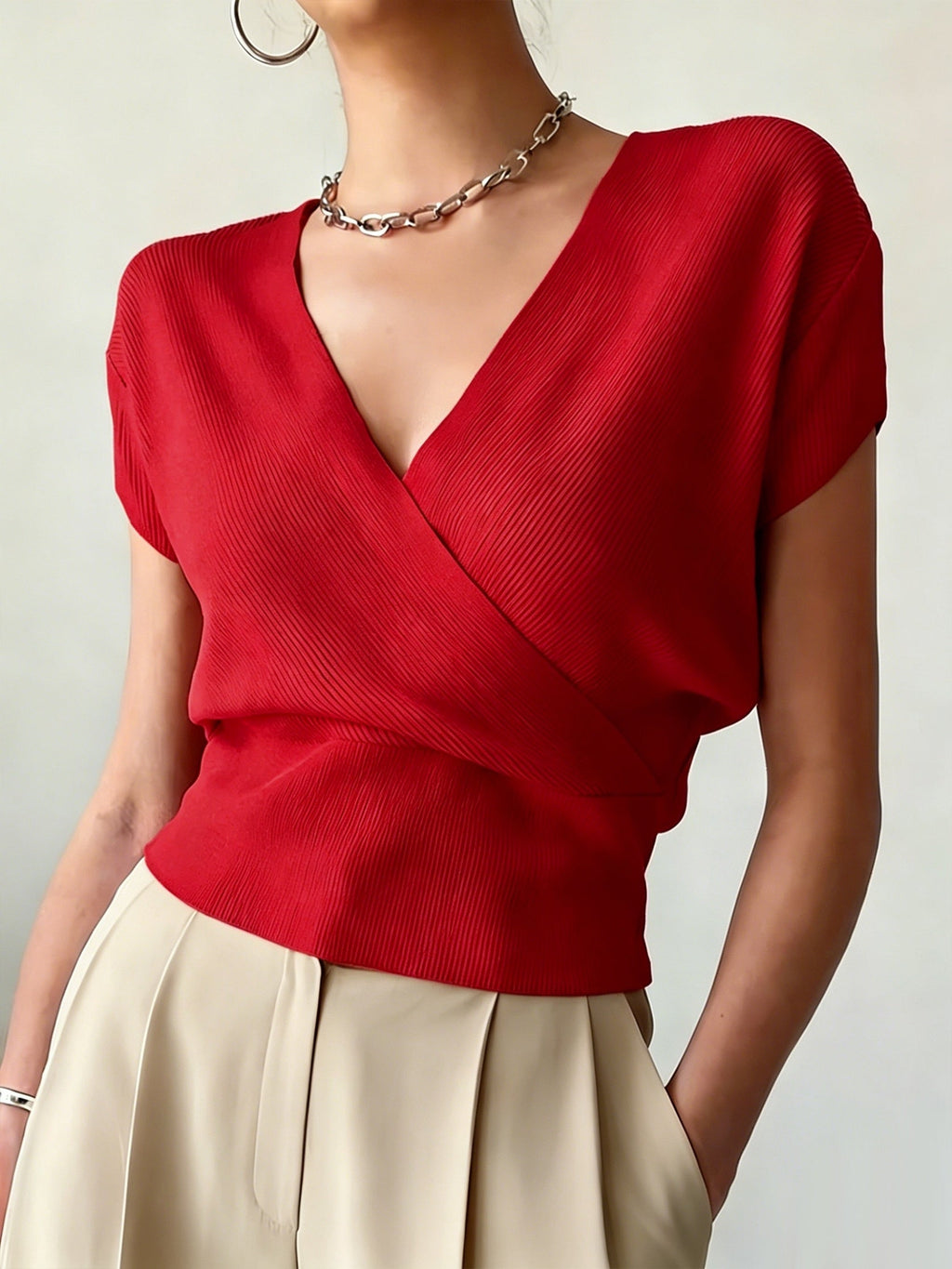 Women's Cross V-Neck Short Sleeve Blouse – Loose Fit Summer Wrap Top