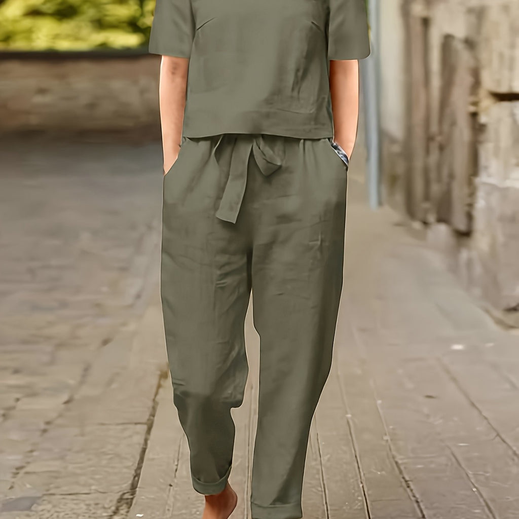 Women's Casual Two-Piece Outfit – Short Sleeve Top & Wide Leg Pants Set