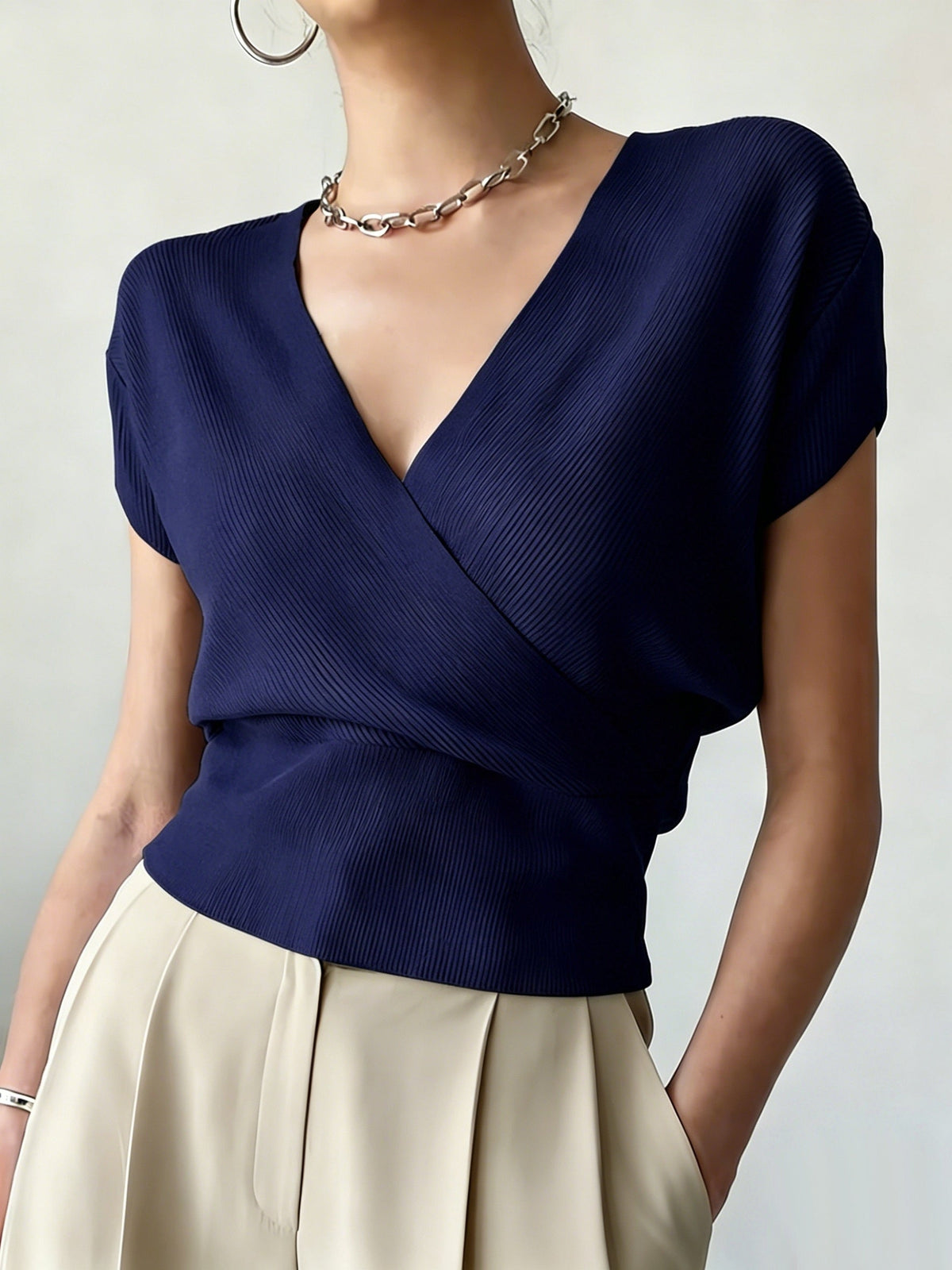 Women's Cross V-Neck Short Sleeve Blouse – Loose Fit Summer Wrap Top