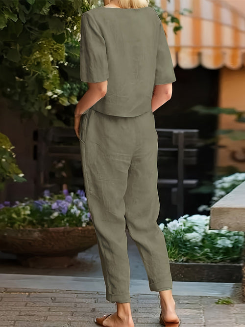 Women's Casual Two-Piece Outfit – Short Sleeve Top & Wide Leg Pants Set