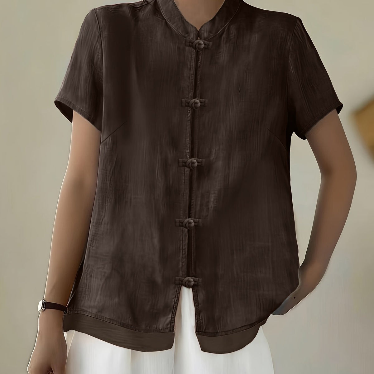 Women's Mandarin Collar Button Front Blouse – Short Sleeve Casual Viscose Shirt