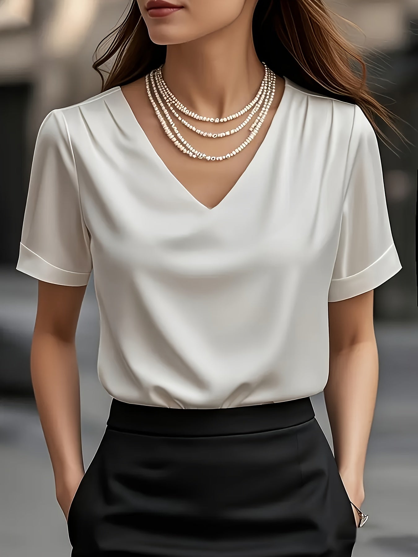 Women's Satin V-Neck Short Sleeve Blouse – Elegant Solid Color Casual Top