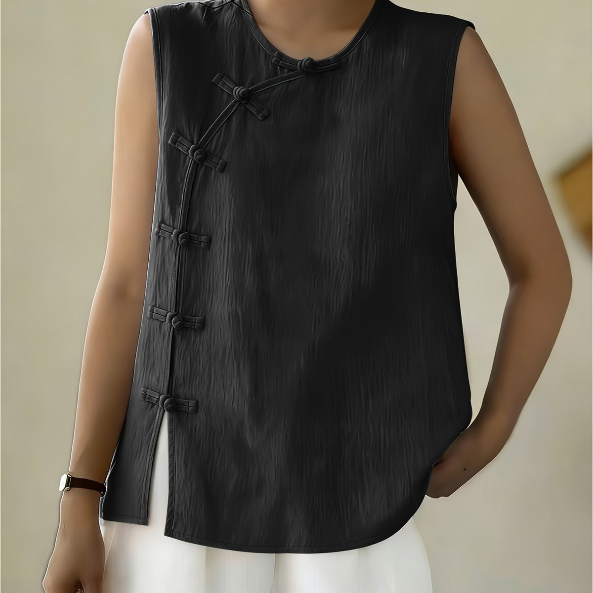Women's Sleeveless Button Front Blouse – Crew Neck Casual Summer Tank Top